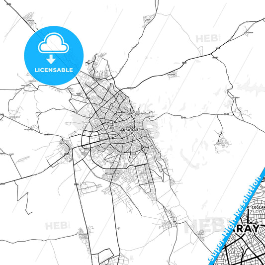 Aksaray, Turkey light map with streetnames, citynames and districts
