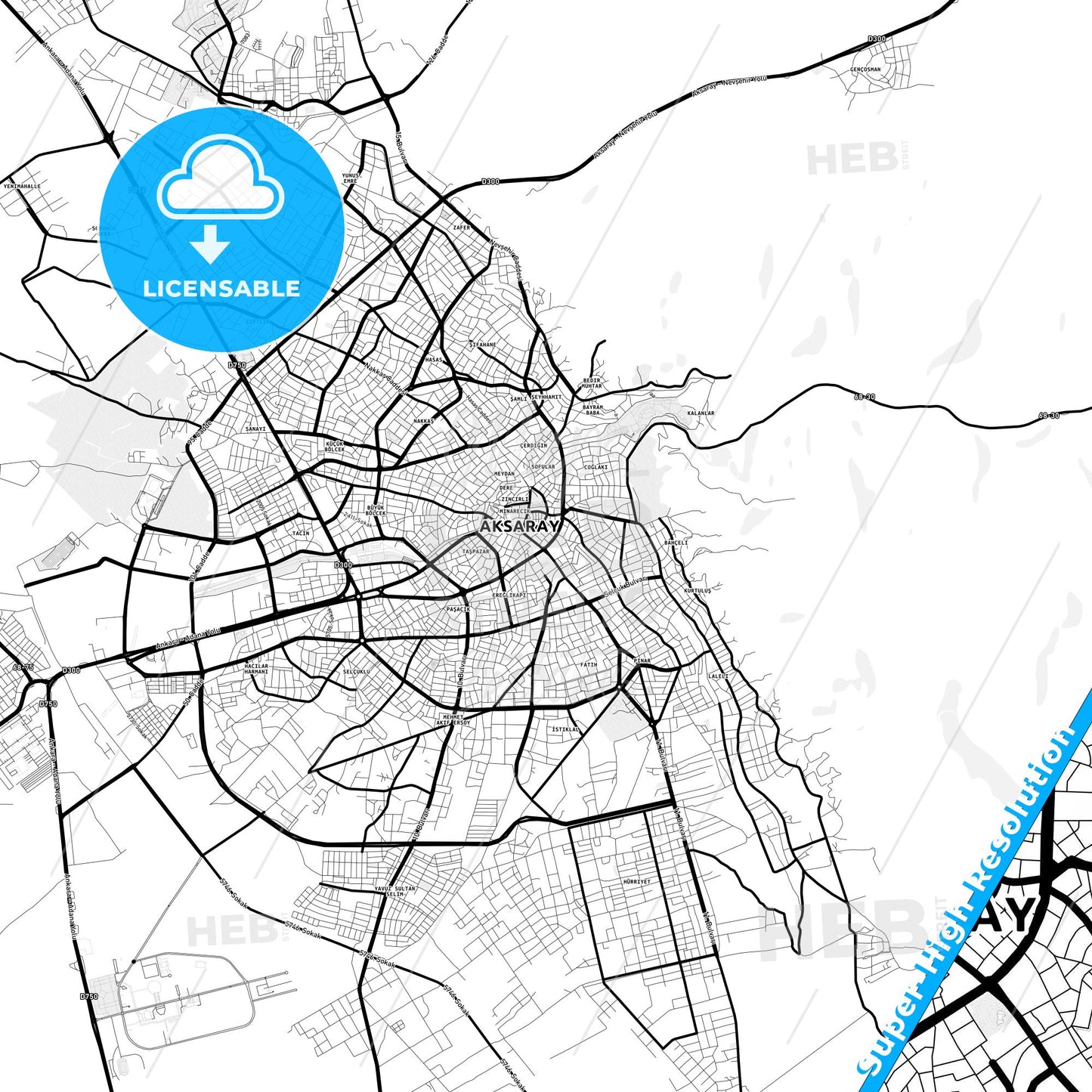 Aksaray, Turkey Light Map with Street Names, City Names, and Districts