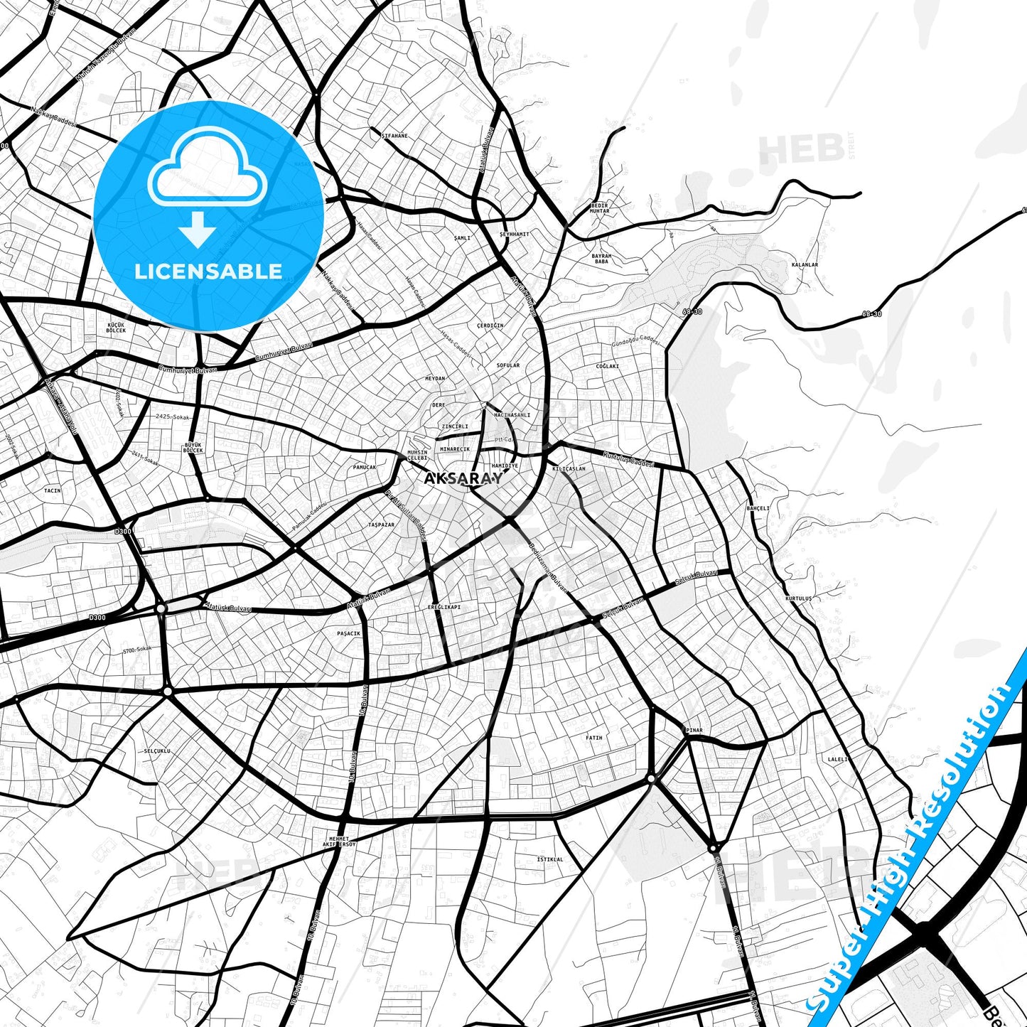 Aksaray, Turkey Light Map with Street Names, City Names, and Districts