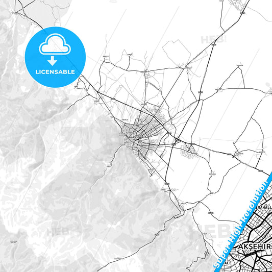 Akşehir, Turkey light map with streetnames, citynames and districts