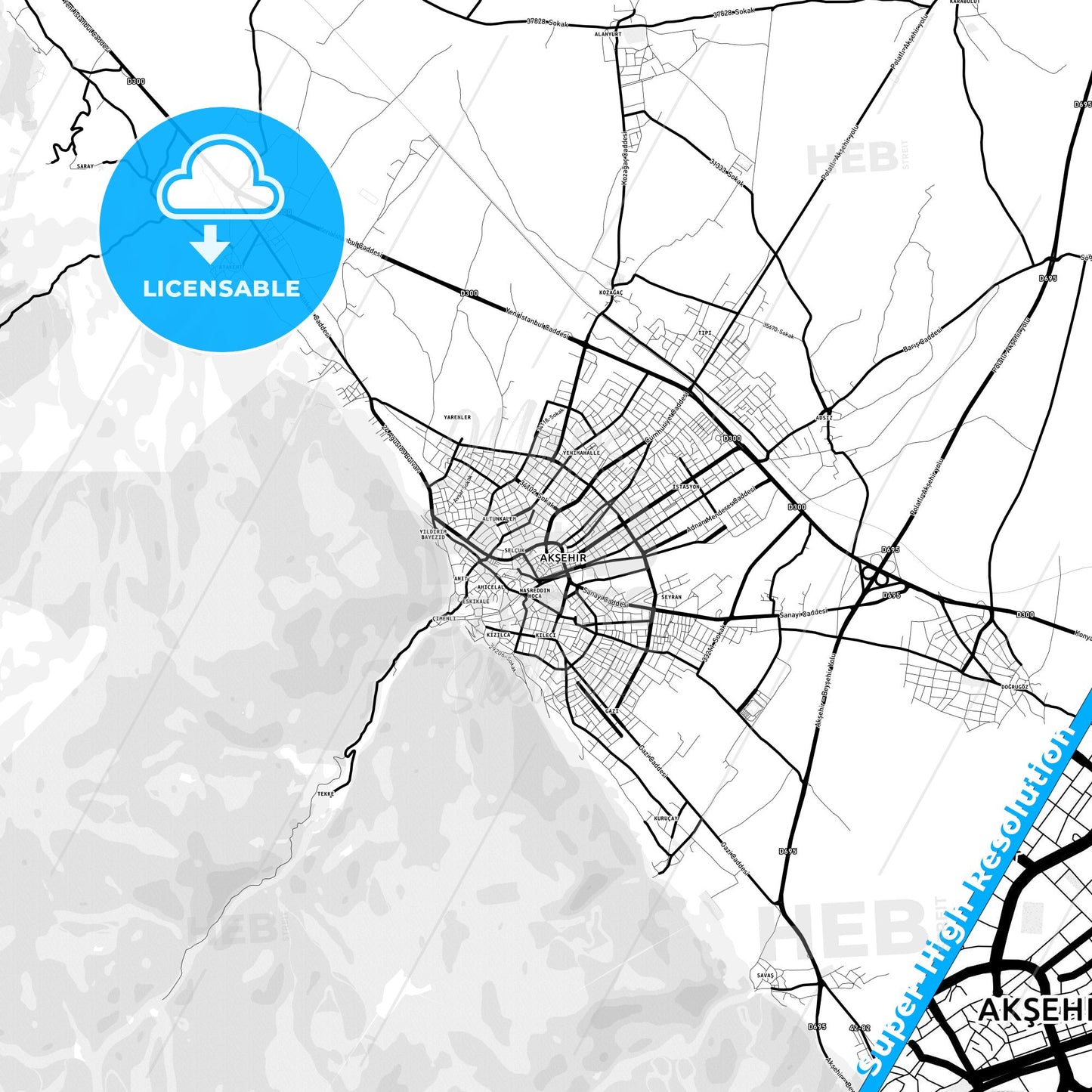 Akşehir, Turkey Light Map with Street Names, City Names, and Districts