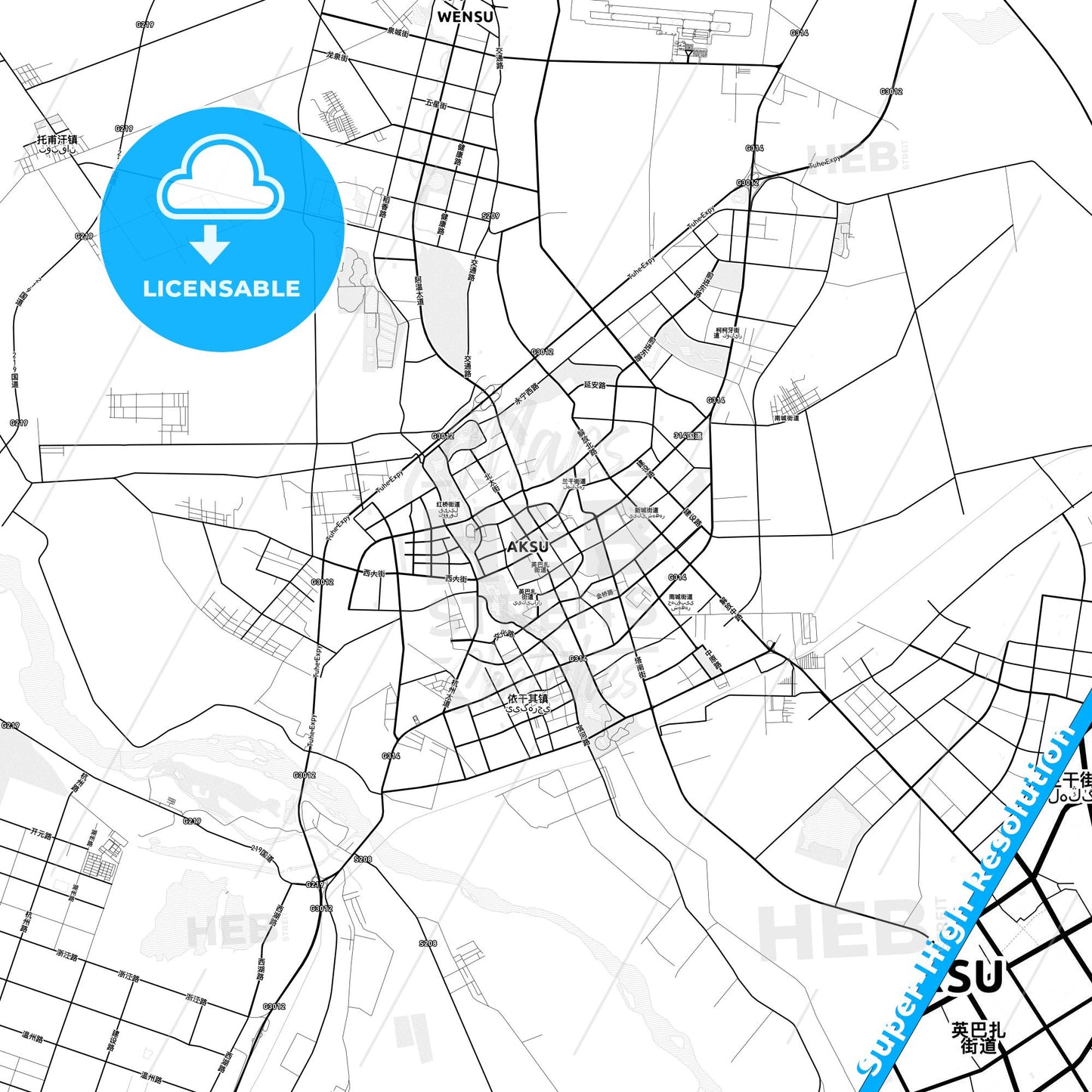 Aksu, China light map with streetnames, citynames and districts