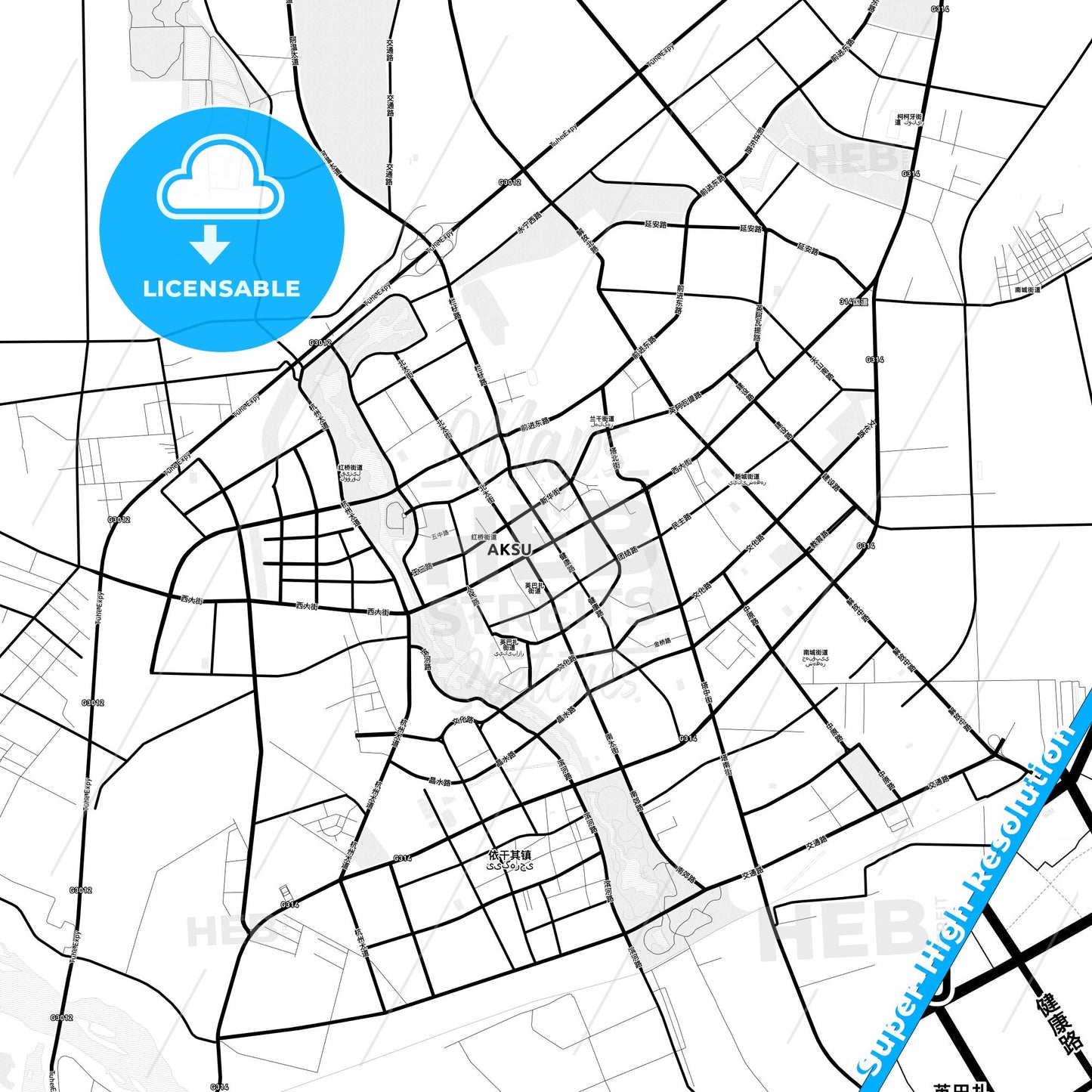 Aksu, China Light Map with Street Names, City Names, and Districts