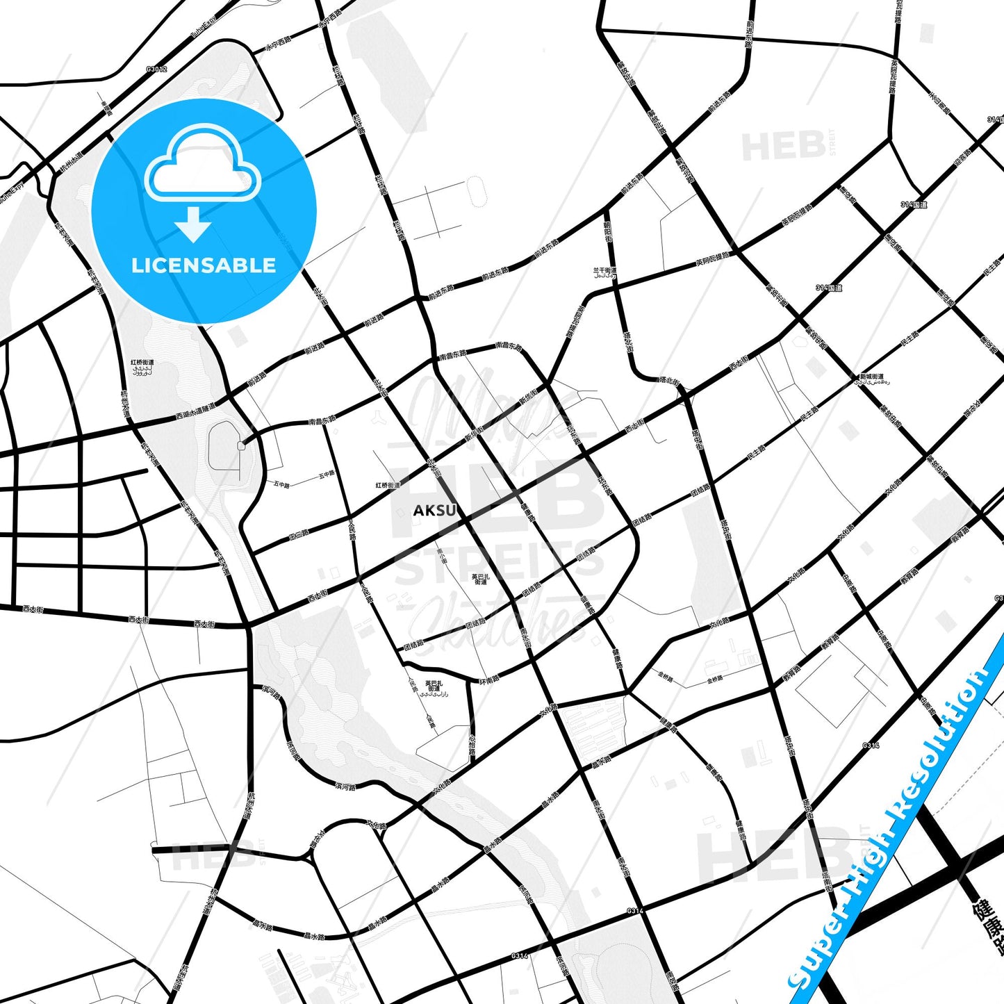 Aksu, China Light Map with Street Names, City Names, and Districts