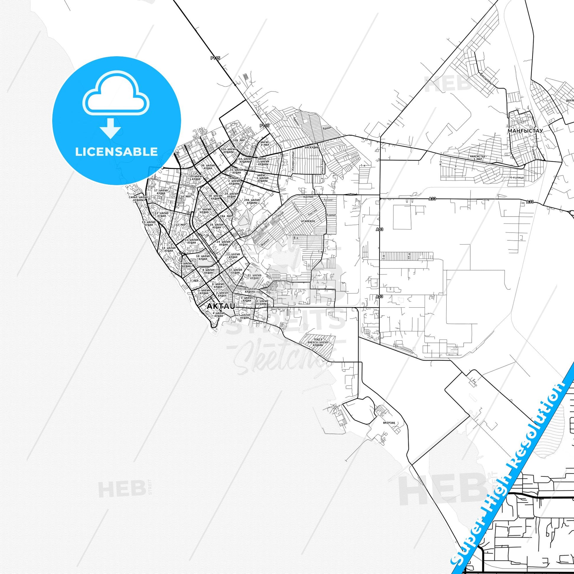 Aktau, Kazakhstan light map with streetnames, citynames and districts