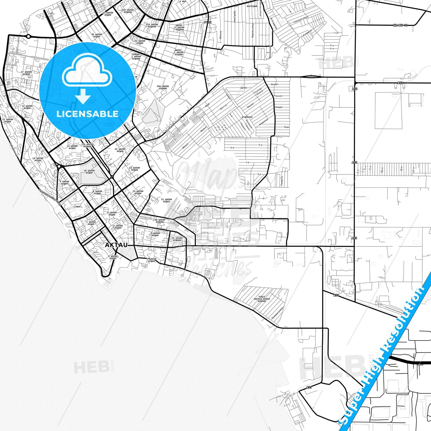 Aktau, Kazakhstan Light Map with Street Names, City Names, and Districts