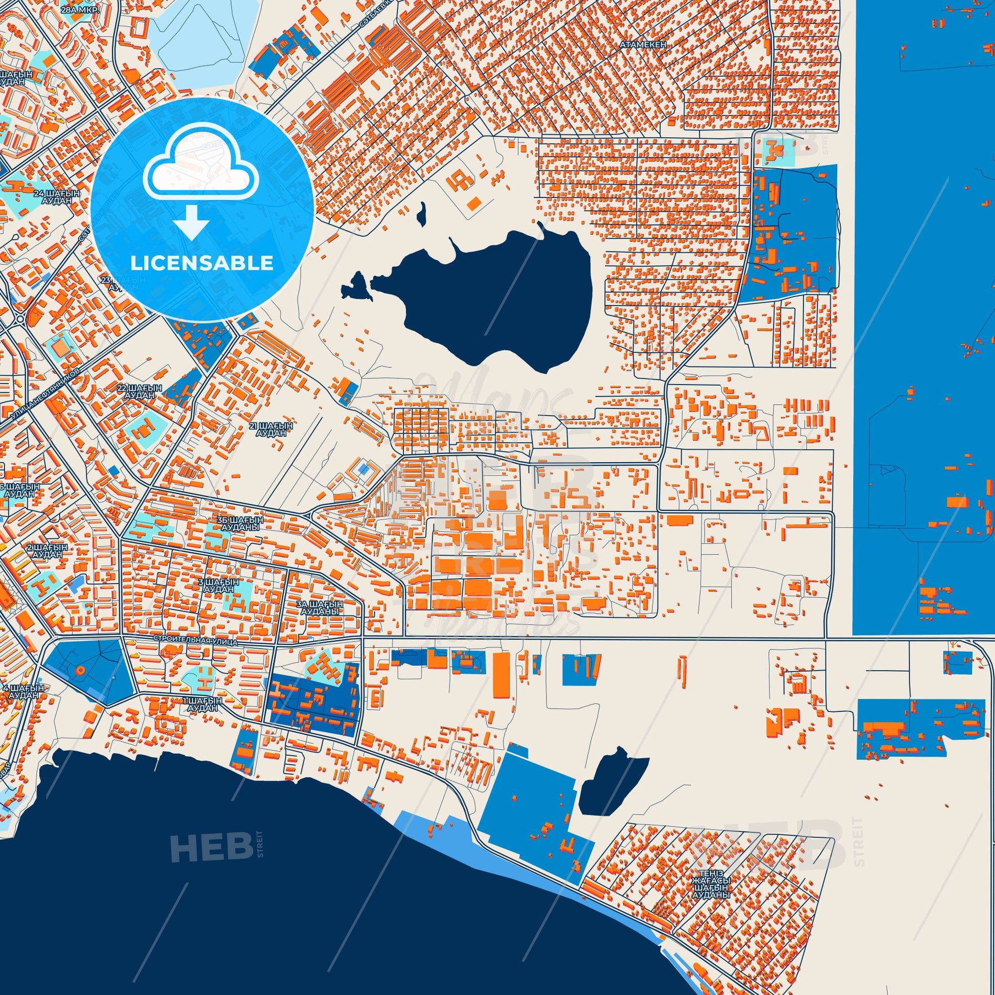 Colorful Aktau Street Map with Labels and Buildings