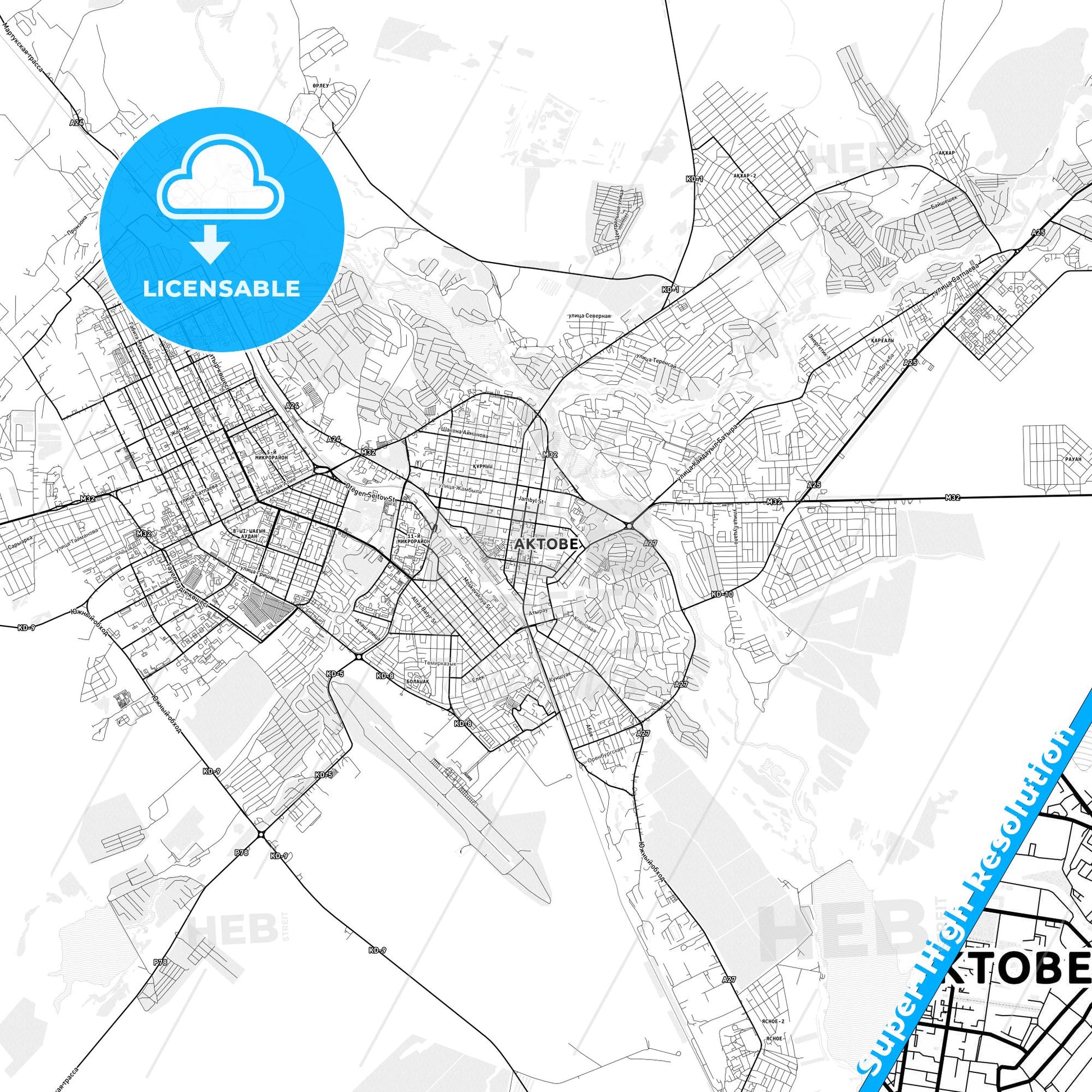 Aktobe, Kazakhstan light map with streetnames, citynames and districts