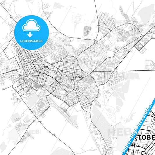 Aktobe, Kazakhstan light map with streetnames, citynames and districts