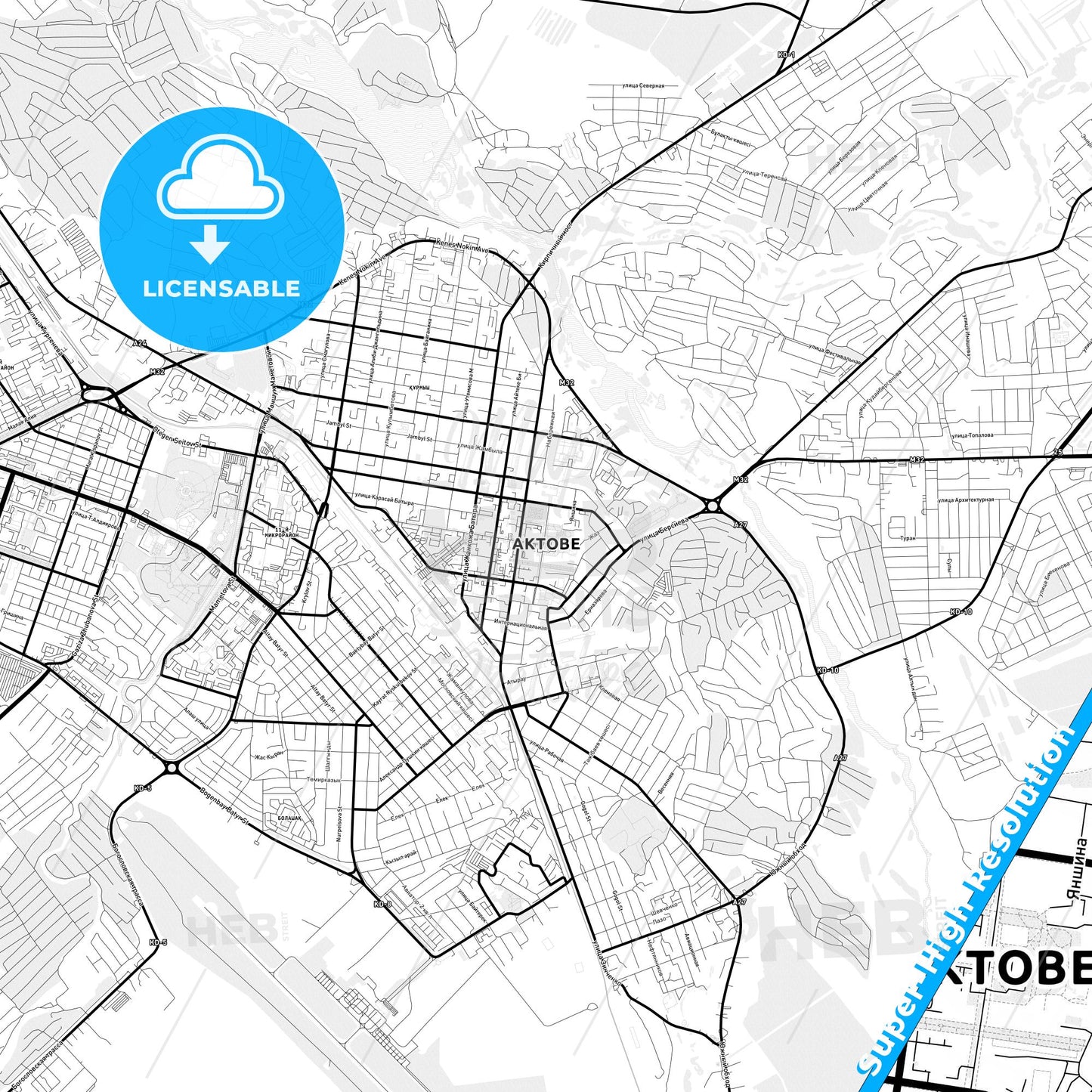 Aktobe, Kazakhstan Light Map with Street Names, City Names, and Districts