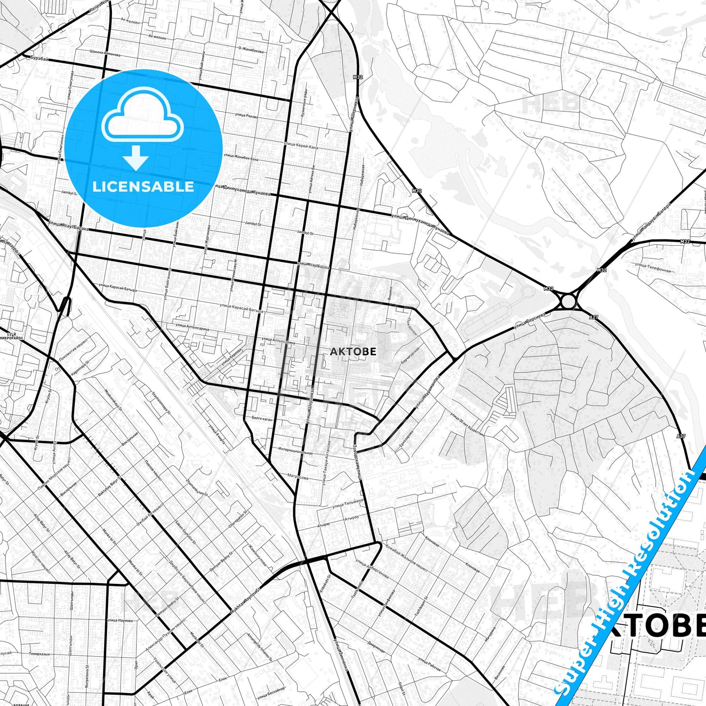 Aktobe, Kazakhstan Light Map with Street Names, City Names, and Districts