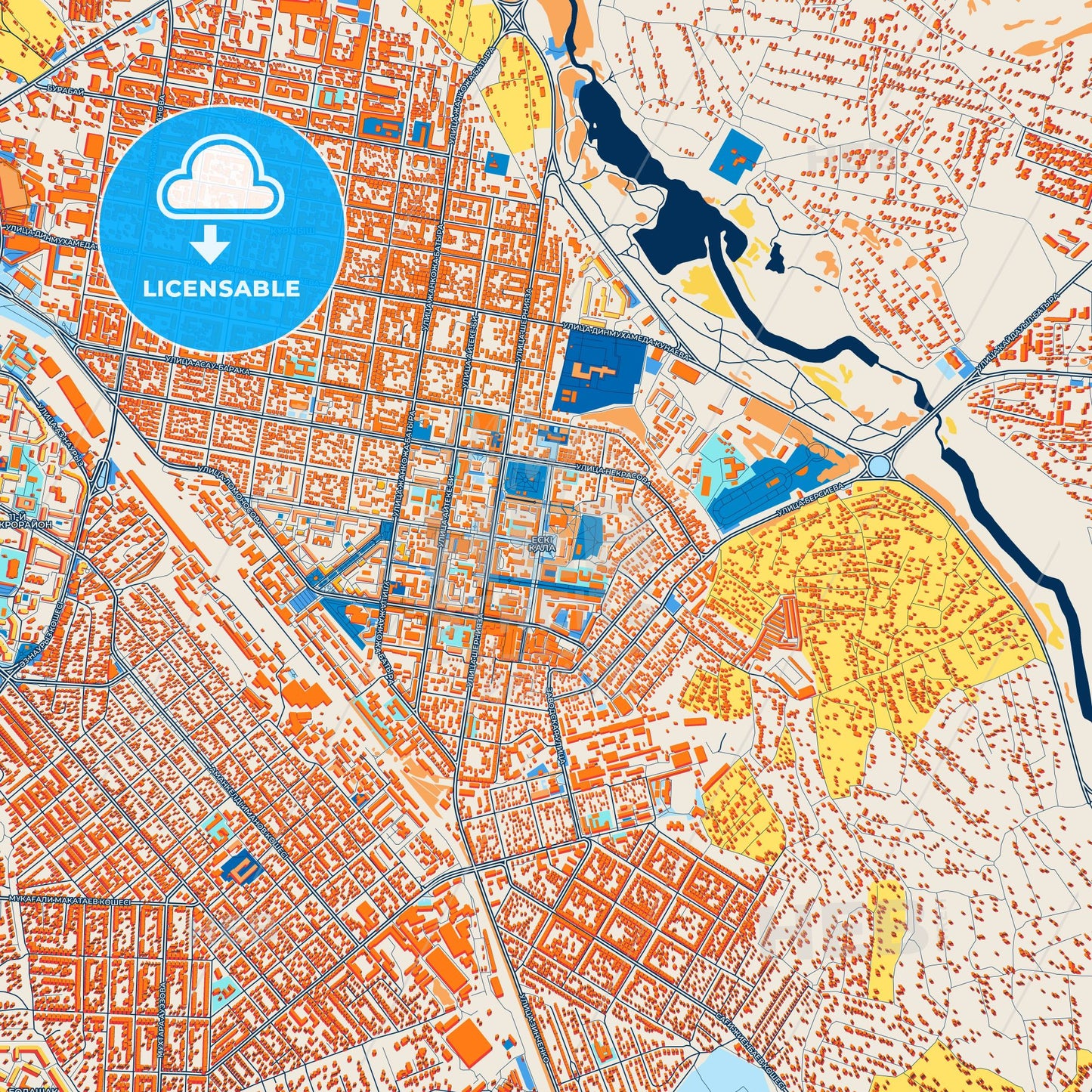 Colorful Aktobe Street Map with Labels and Buildings