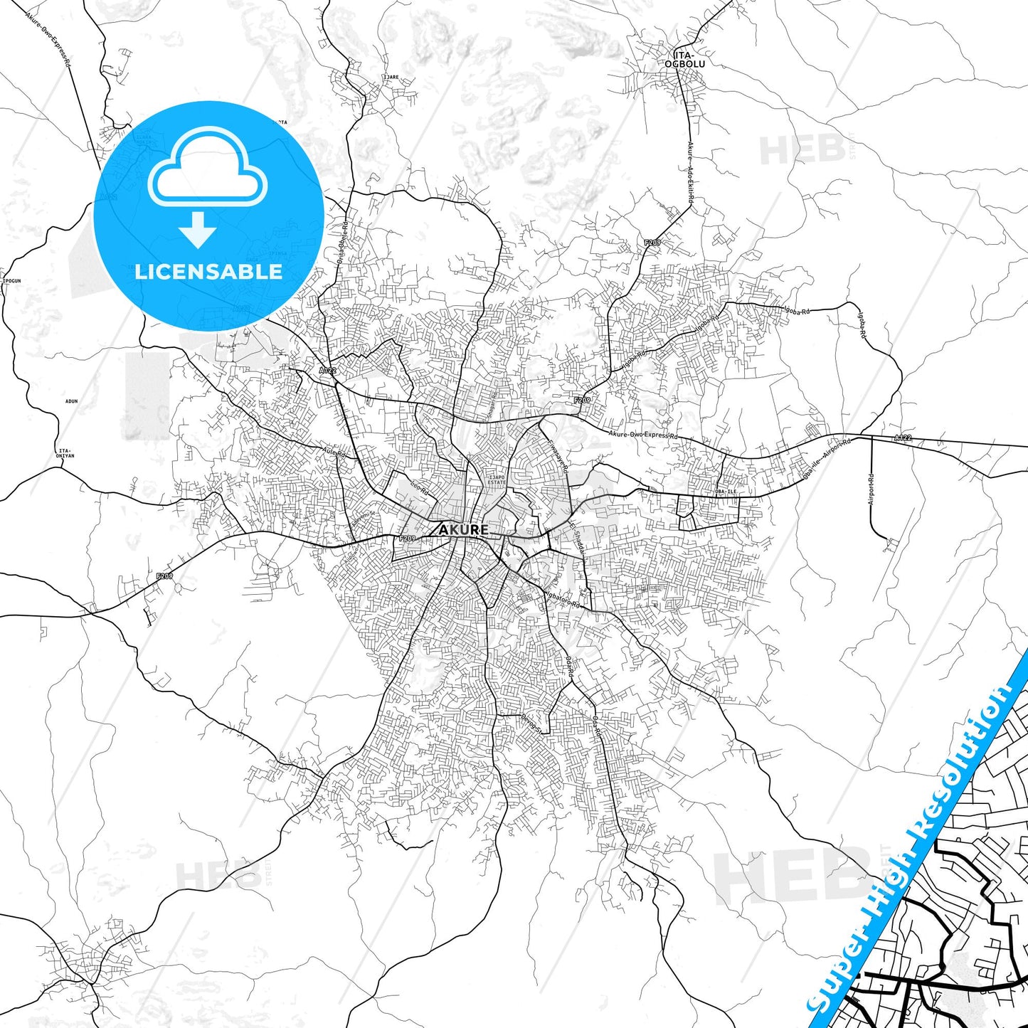 Akure, Nigeria light map with streetnames, citynames and districts