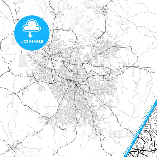 Akure, Nigeria light map with streetnames, citynames and districts