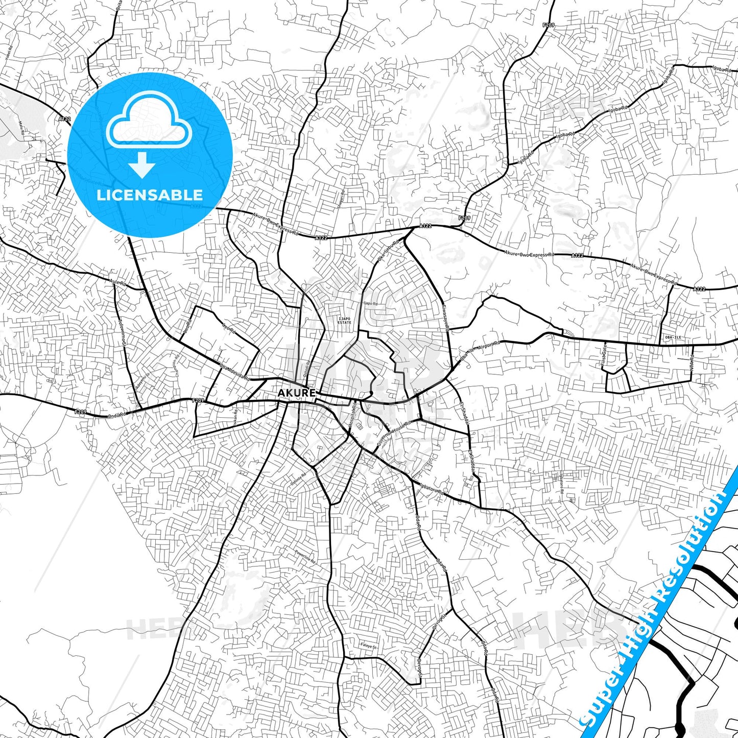 Akure, Nigeria Light Map with Street Names, City Names, and Districts