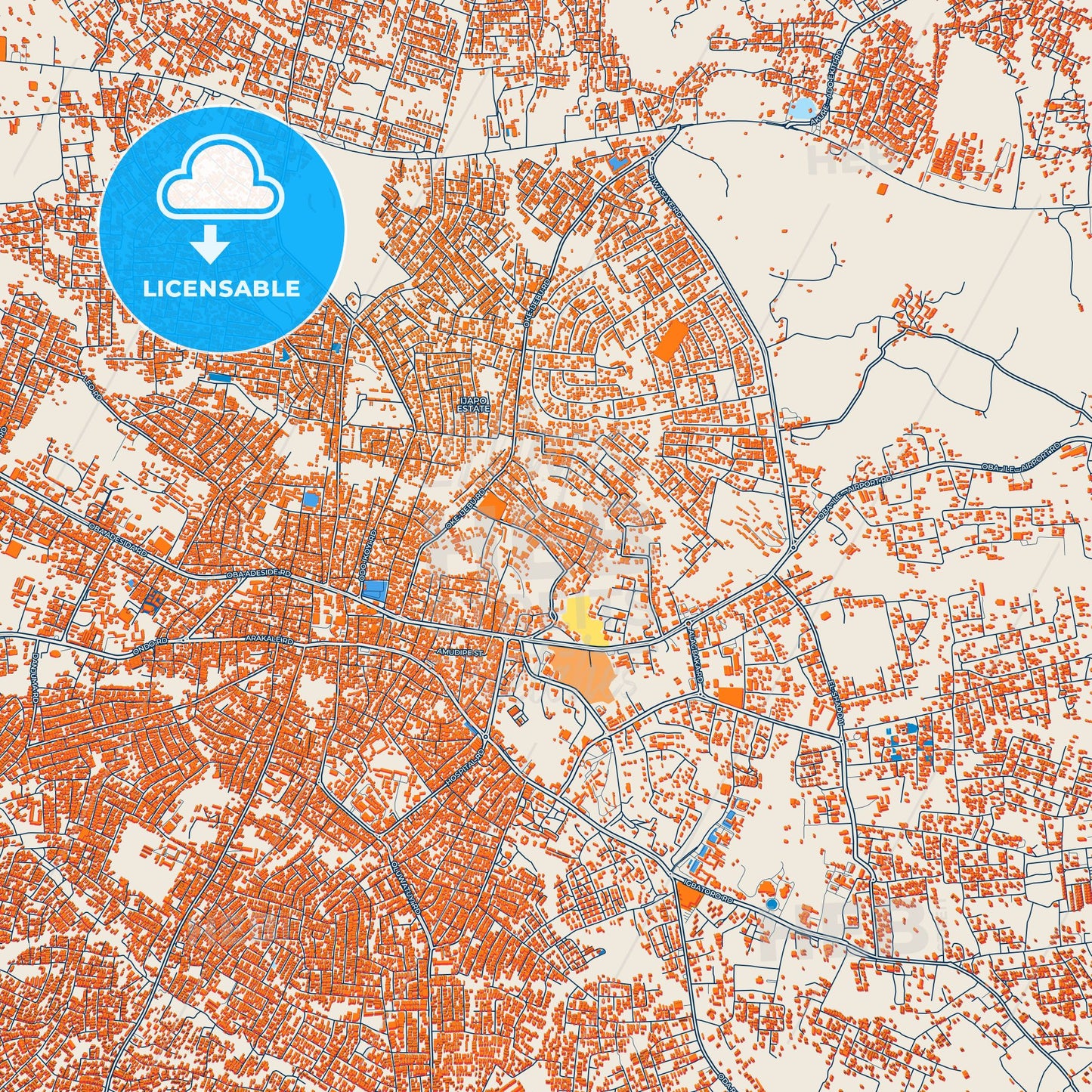 Colorful Akure Street Map with Labels and Buildings