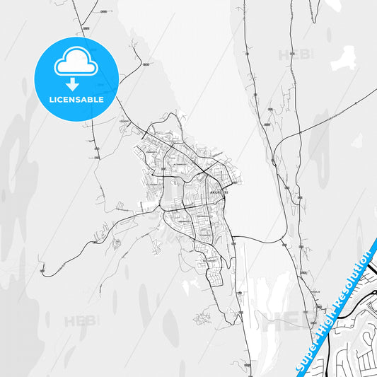 Akureyri, Iceland light map with streetnames, citynames and districts