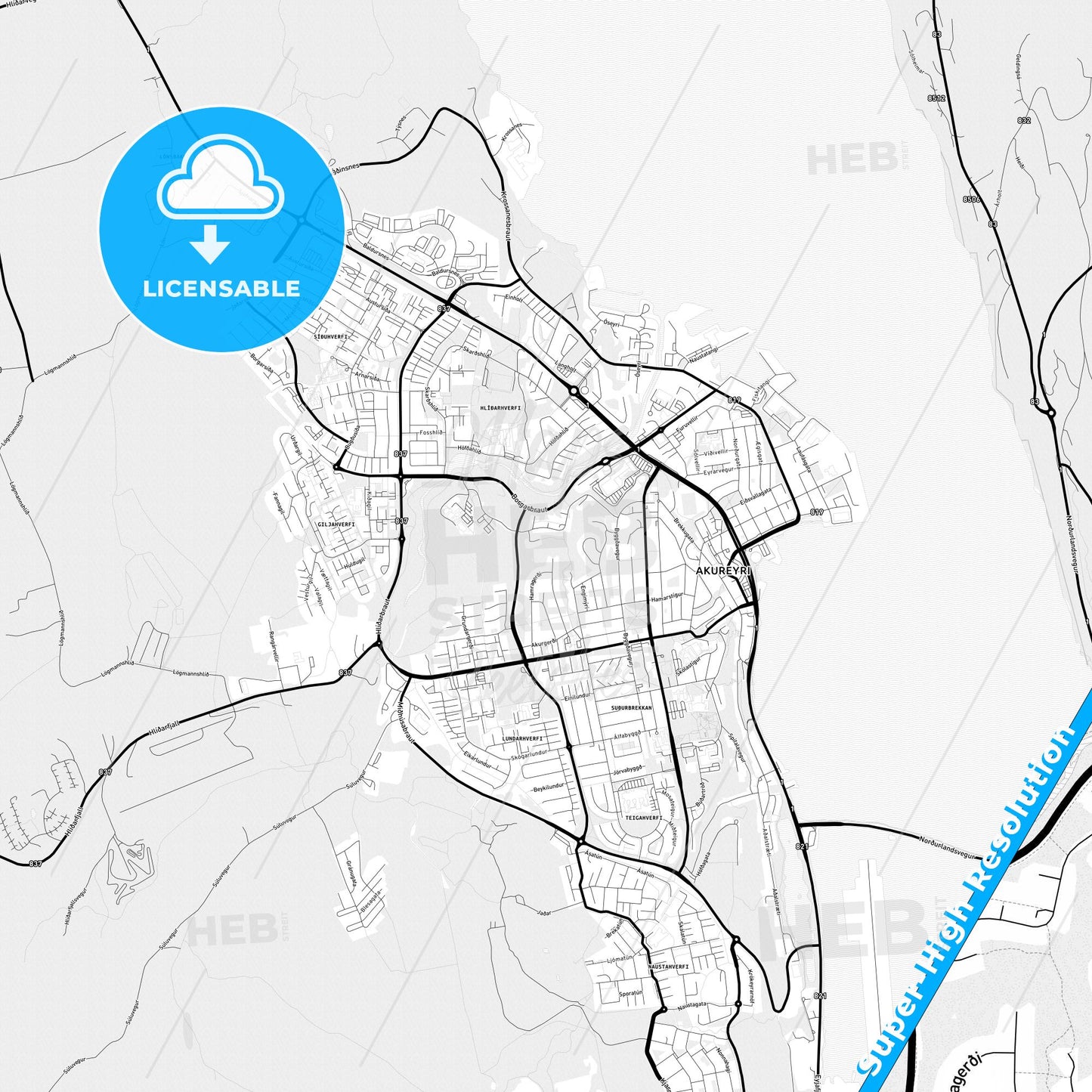 Akureyri, Iceland Light Map with Street Names, City Names, and Districts