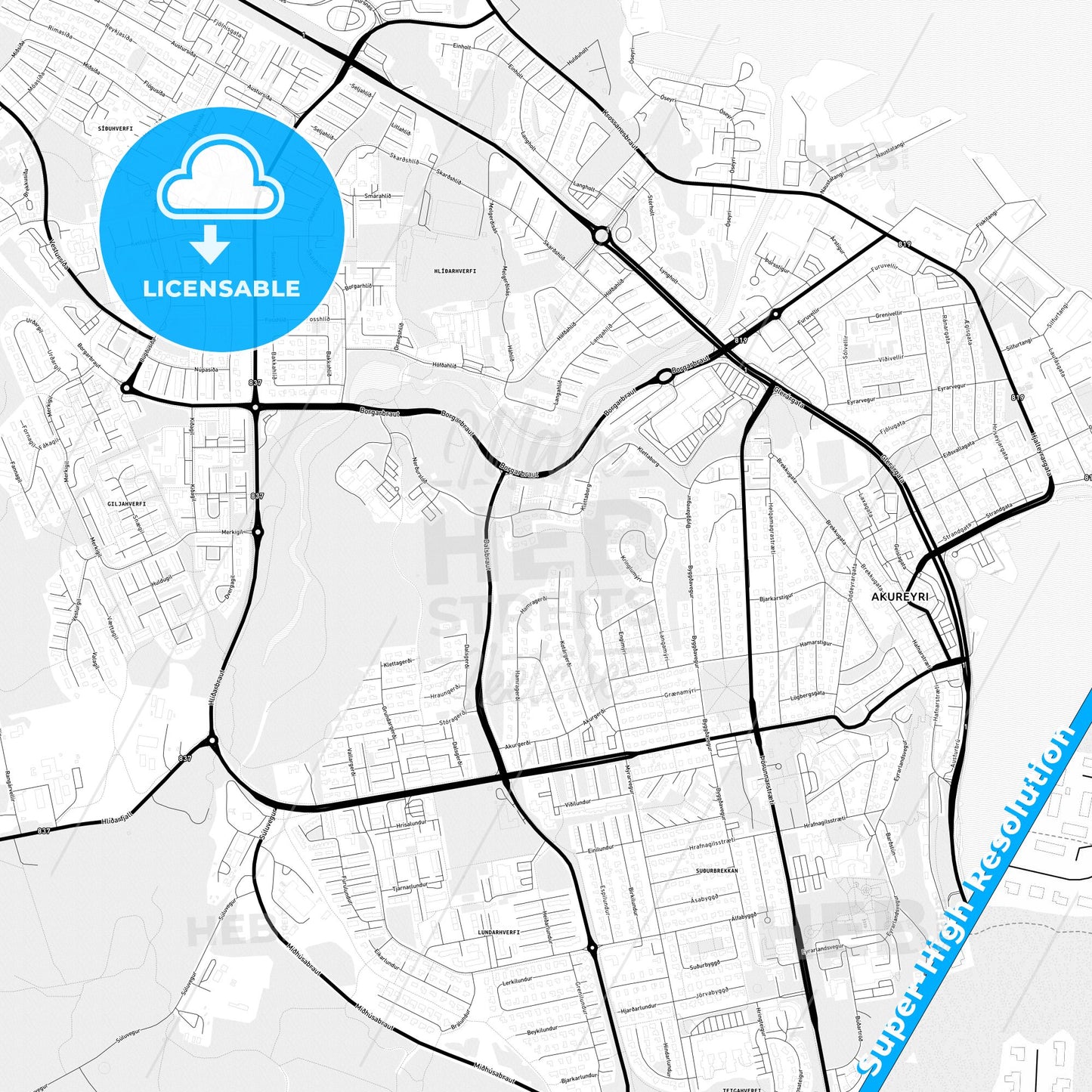 Akureyri, Iceland Light Map with Street Names, City Names, and Districts