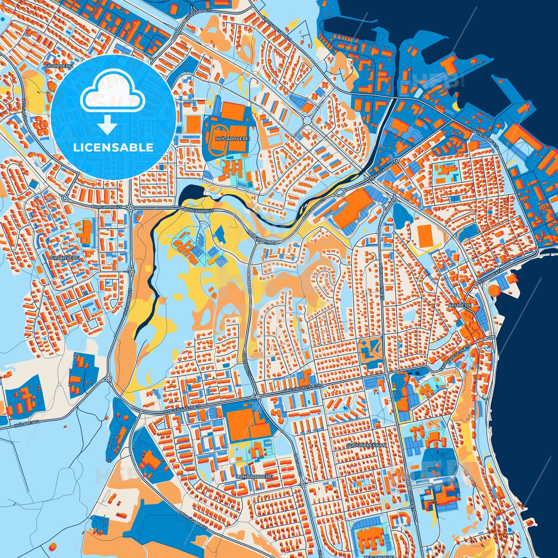 Colorful Akureyri Street Map with Labels and Buildings