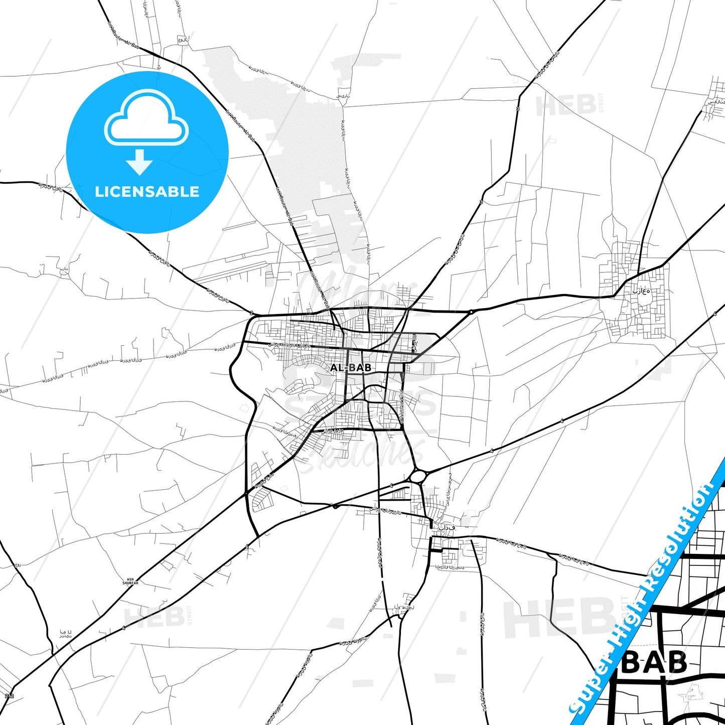 Al-Bab, Syria Light Map with Street Names, City Names, and Districts