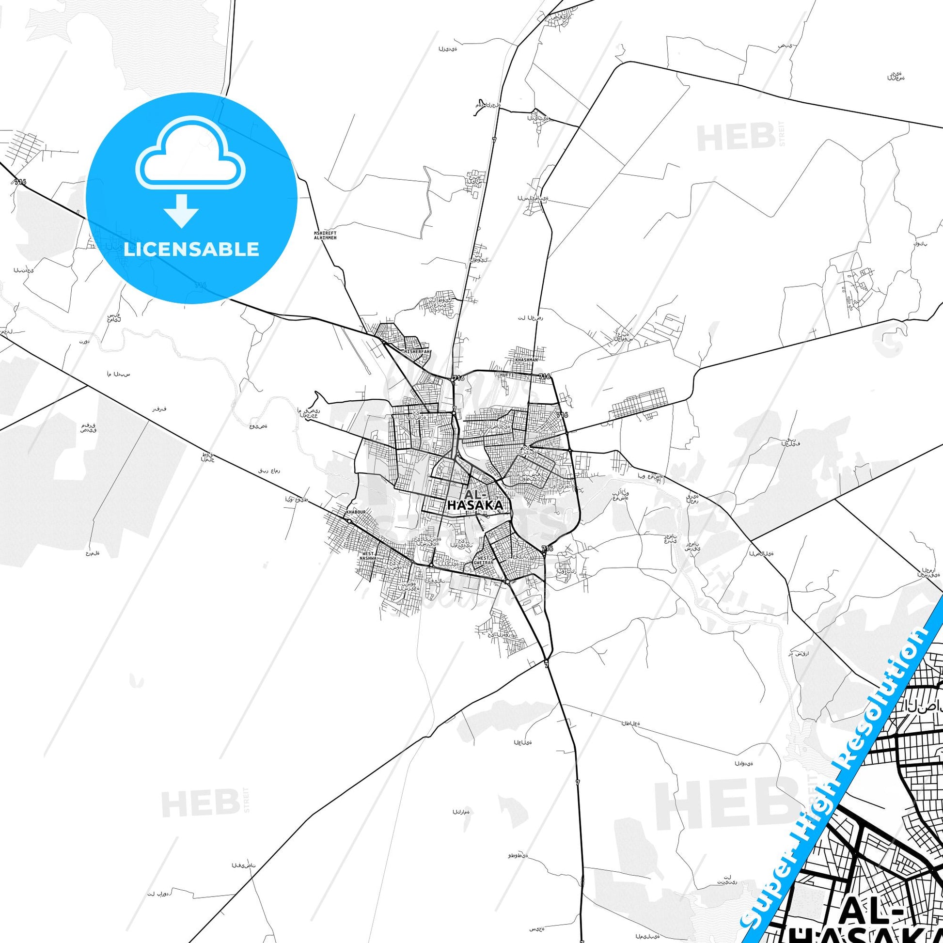 Al-Hasakah, Syria light map with streetnames, citynames and districts