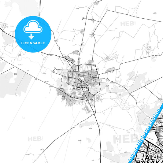 Al-Hasakah, Syria light map with streetnames, citynames and districts