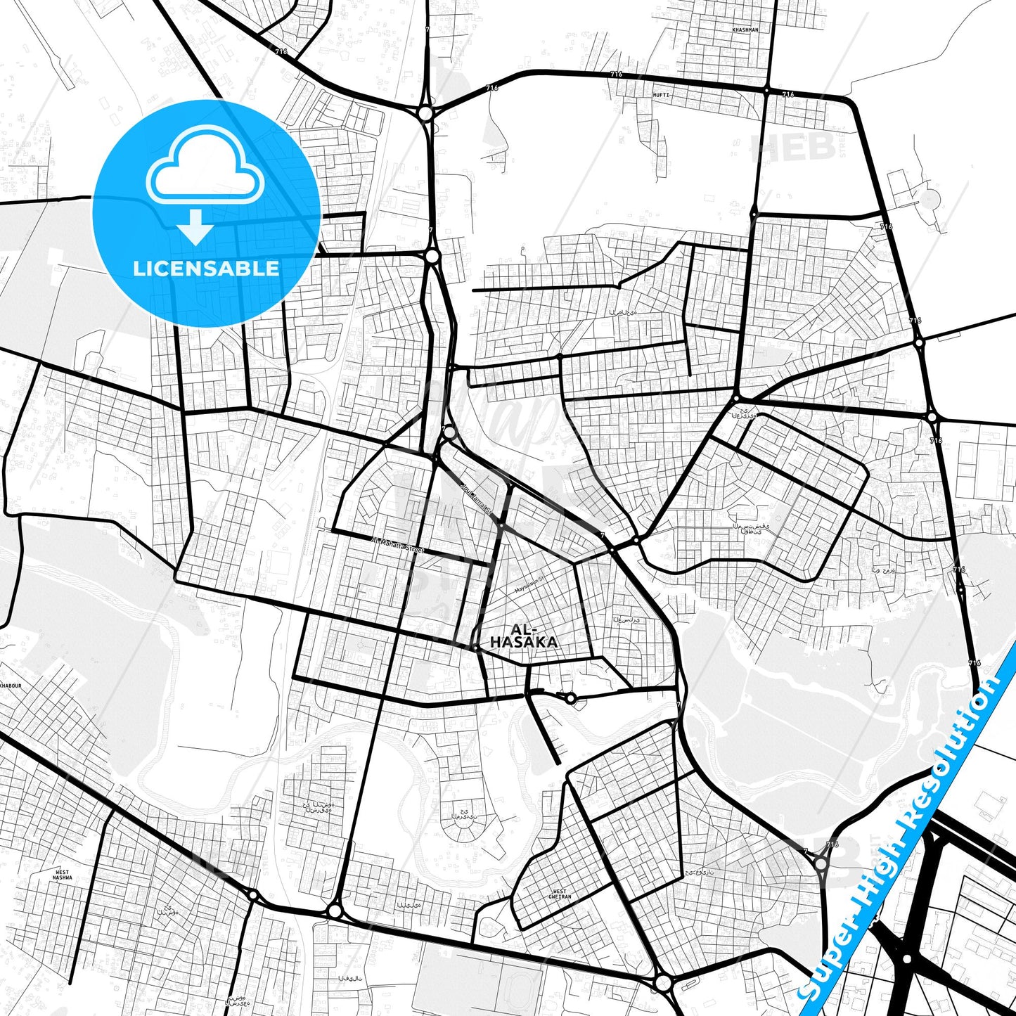 Al-Hasakah, Syria Light Map with Street Names, City Names, and Districts