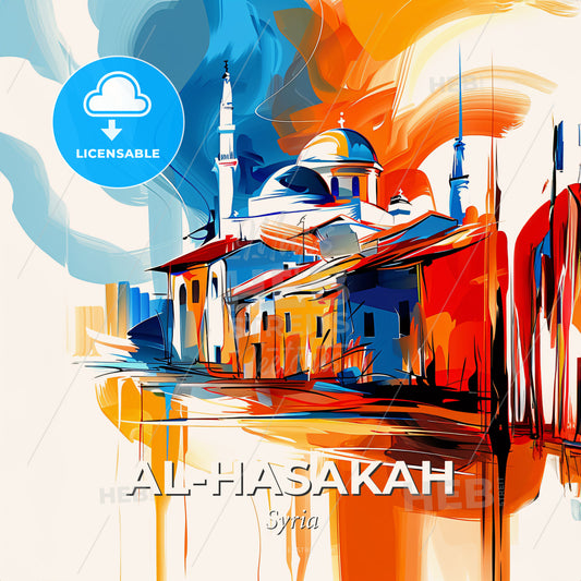 Vibrant Al-Hasakah, Syria - A Painting Of A Building With A Dome And Towers - Square format print template