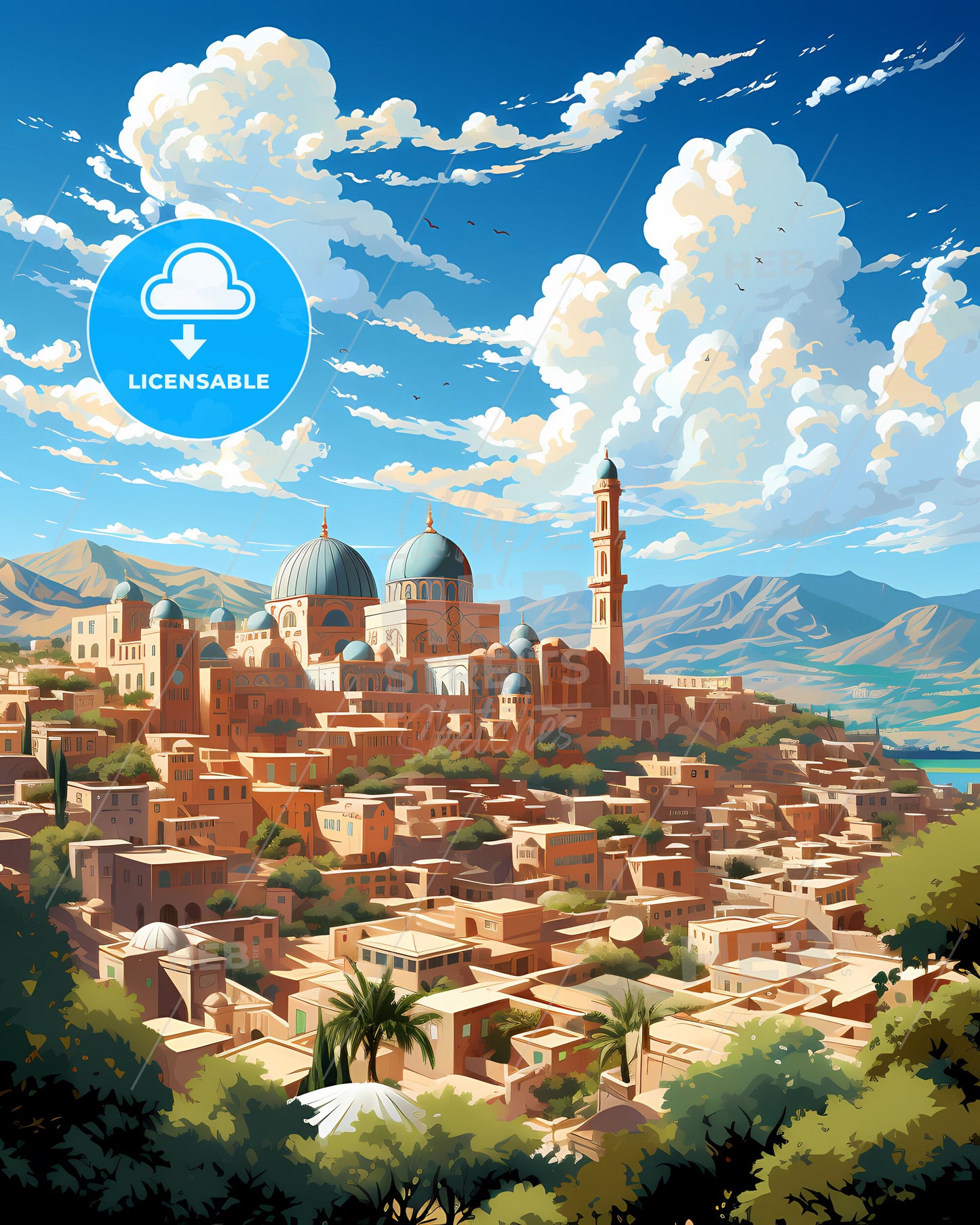 Skyline Painting Of Al-Hasakah Syria City With Buildings And Mountains