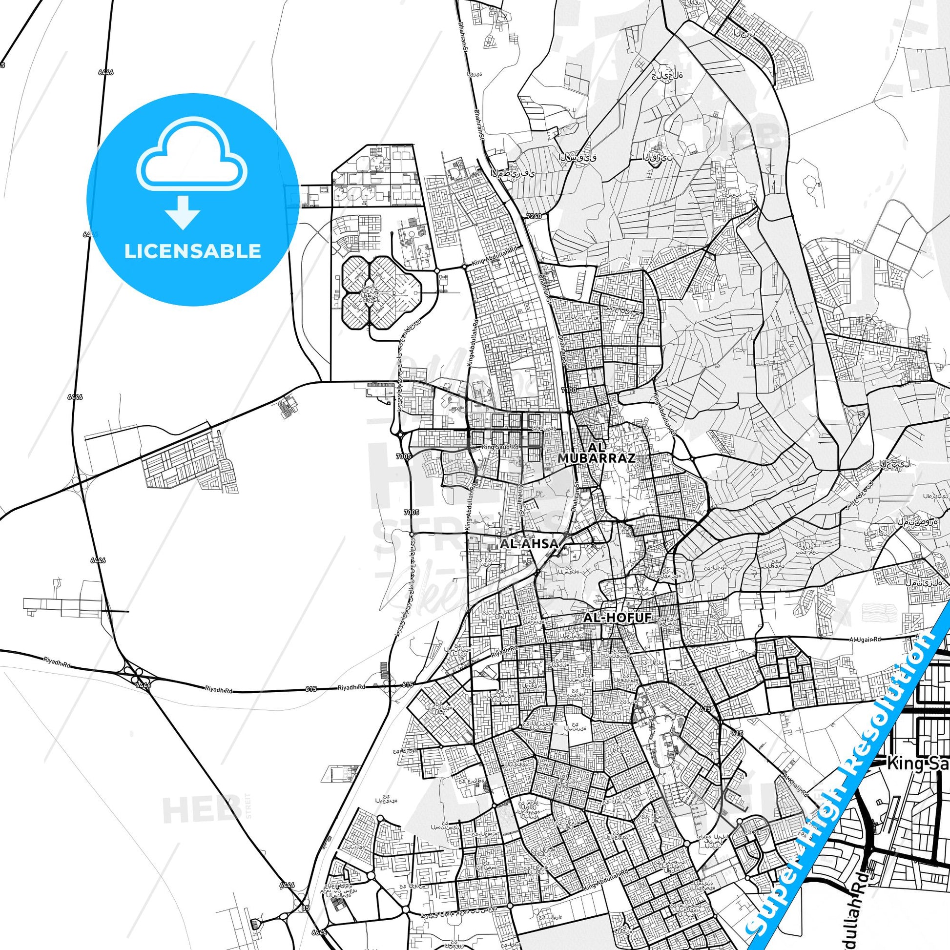 Al-Mubarraz, Saudi Arabia light map with streetnames, citynames and districts