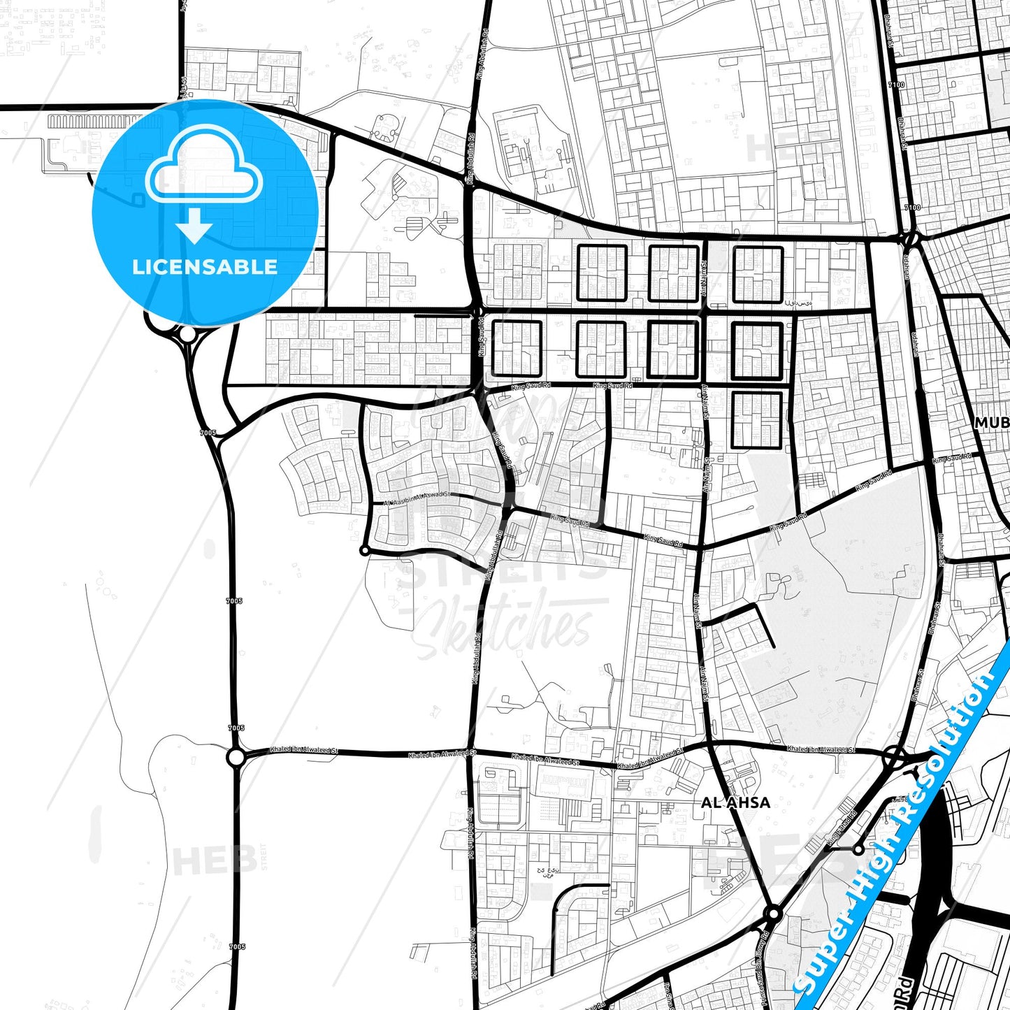 Al-Mubarraz, Saudi Arabia Light Map with Street Names, City Names, and Districts