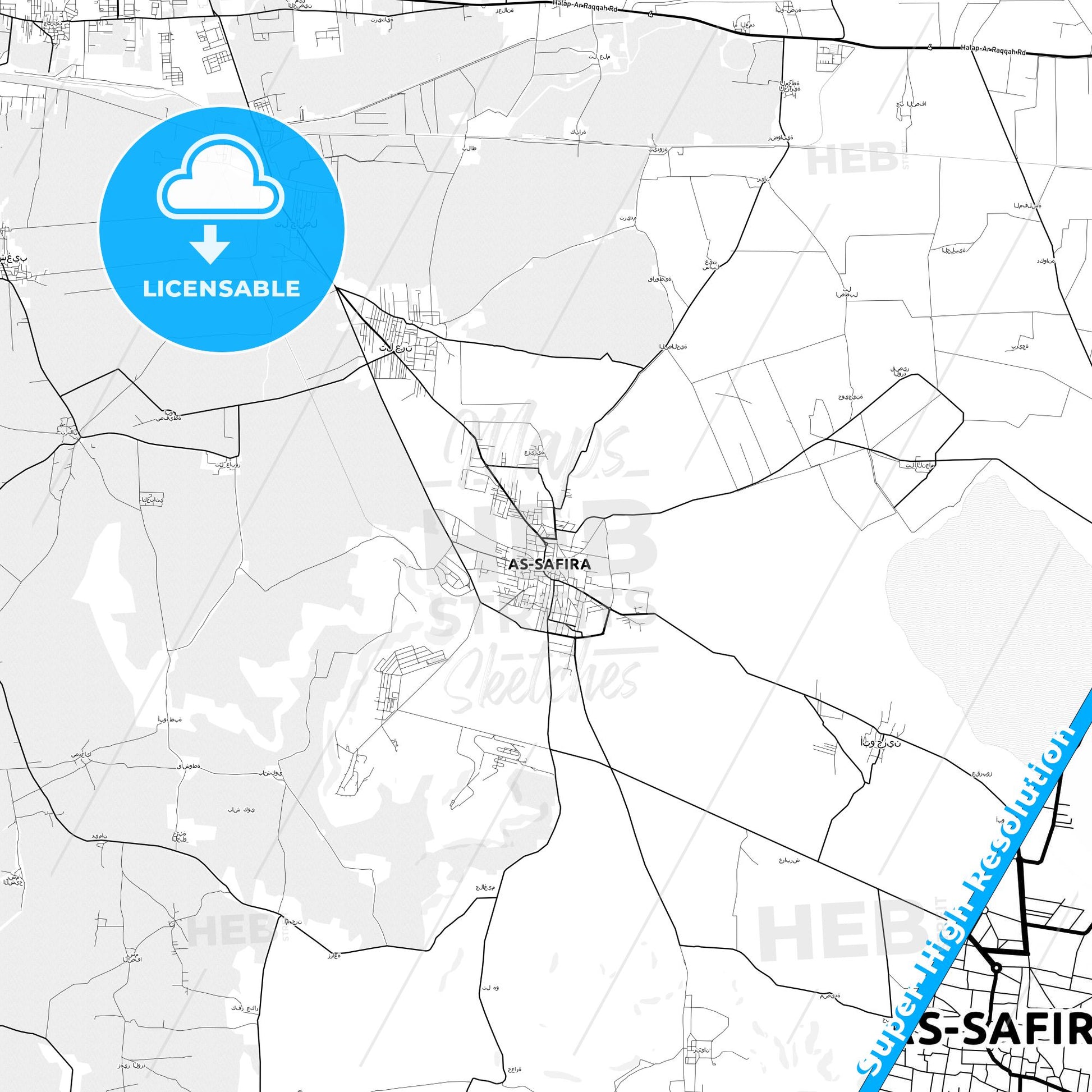 Al-Safira, Syria light map with streetnames, citynames and districts