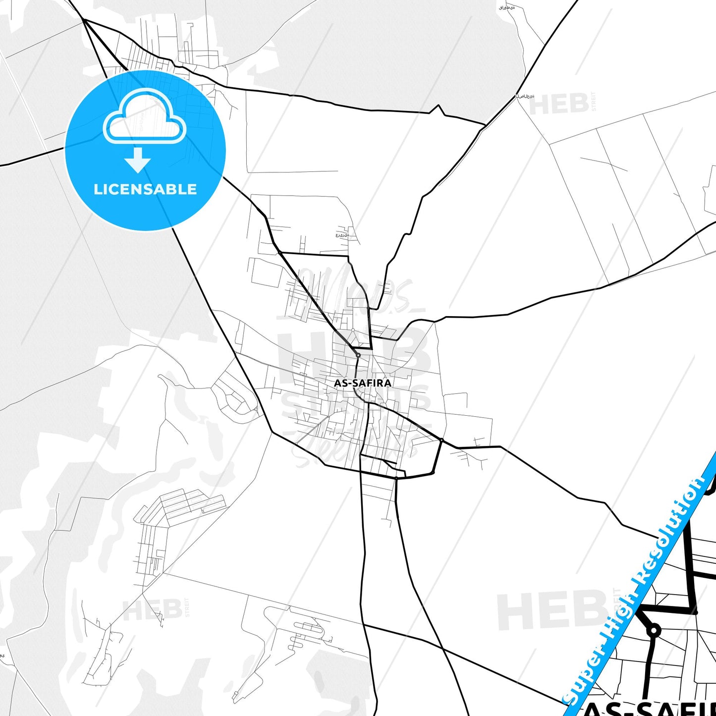 Al-Safira, Syria Light Map with Street Names, City Names, and Districts