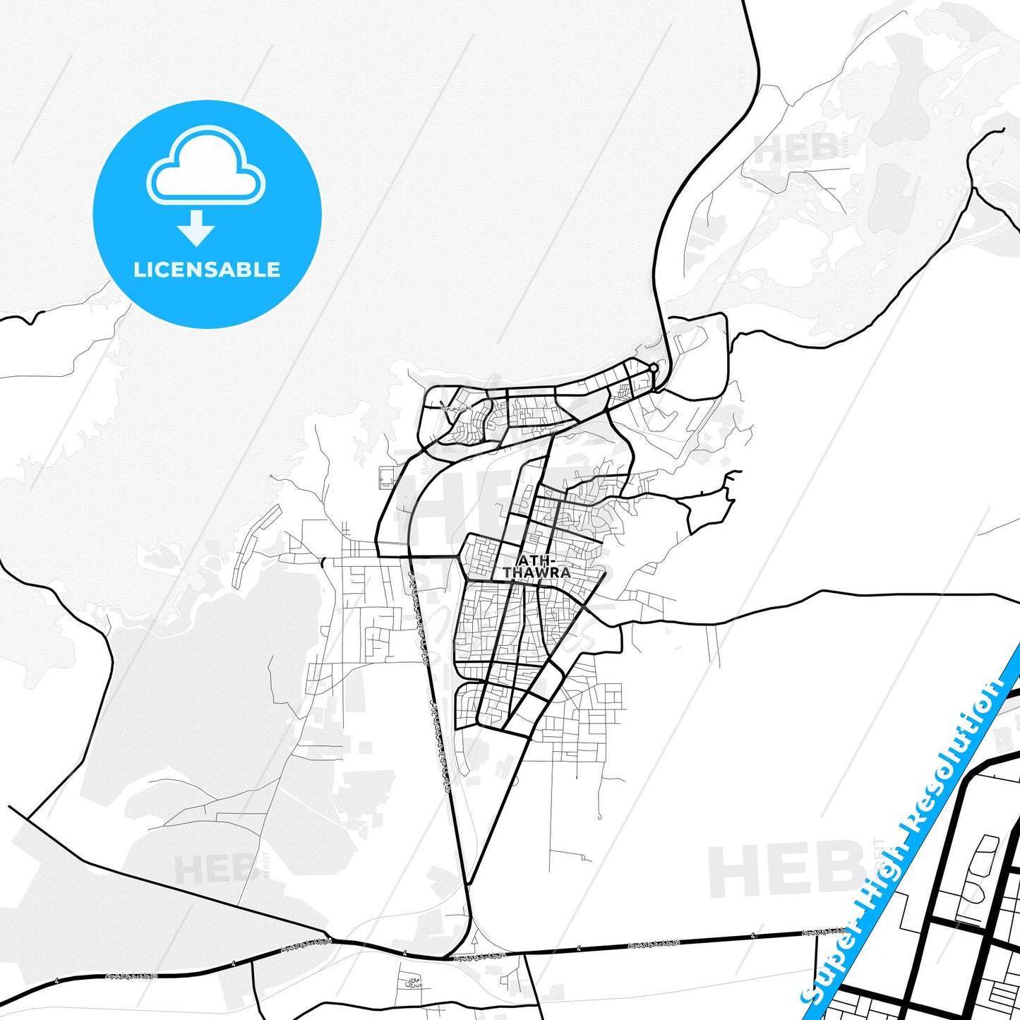 Al-Thawrah, Syria Light Map with Street Names, City Names, and Districts