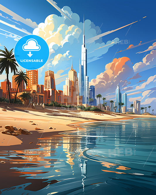 Expressive Urban Beachscape: Al Fujairah City Skyline with Iconic Palm Trees