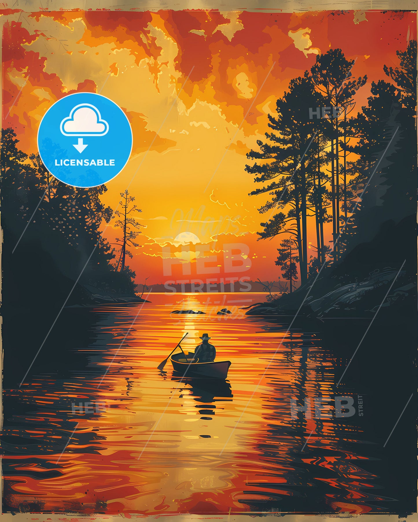 Vibrant Sunset Painting Depicting a Man in a Boat on a Lake Surrounded by Trees