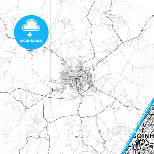 Alagoinhas, Brazil light map with streetnames, citynames and districts