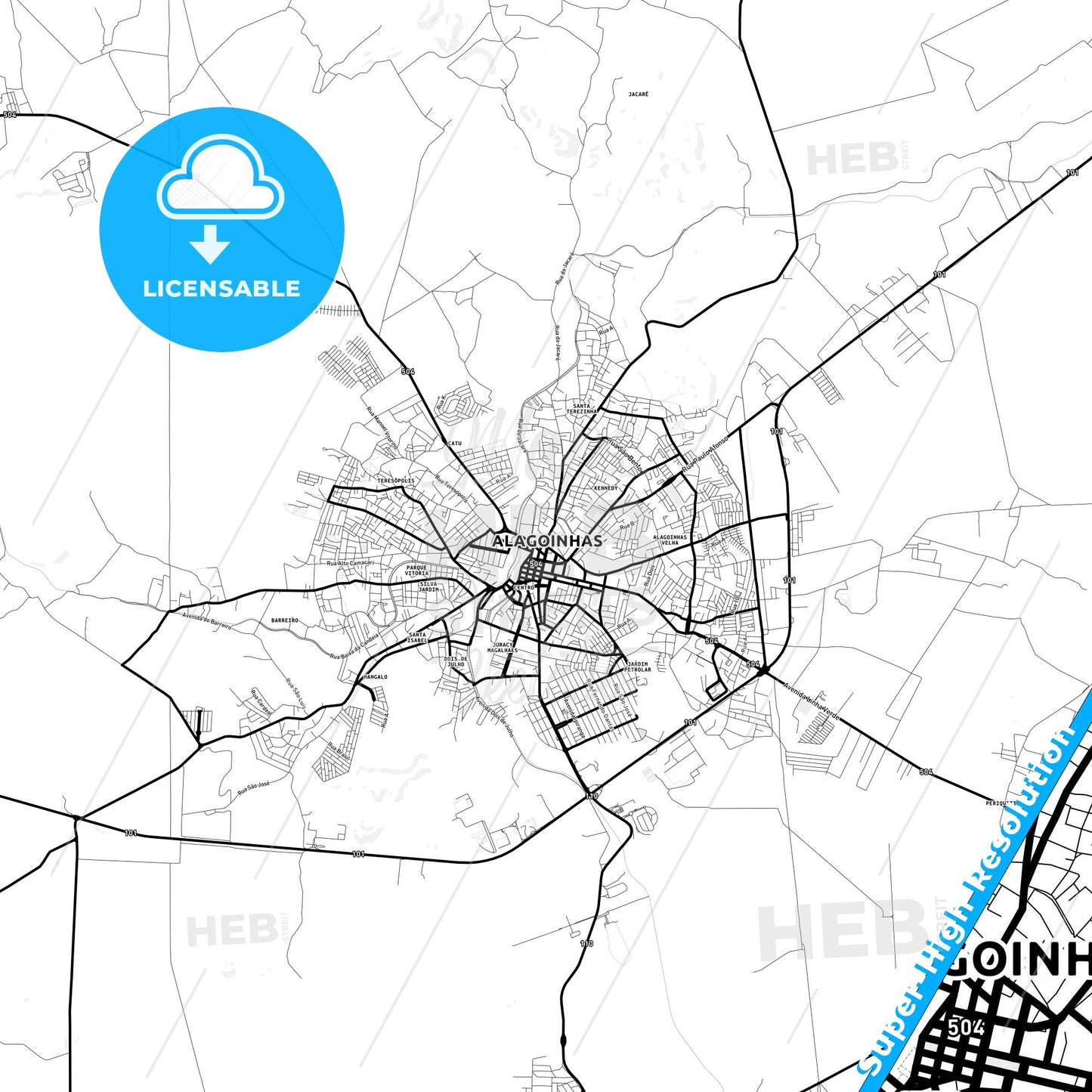 Alagoinhas, Brazil Light Map with Street Names, City Names, and Districts