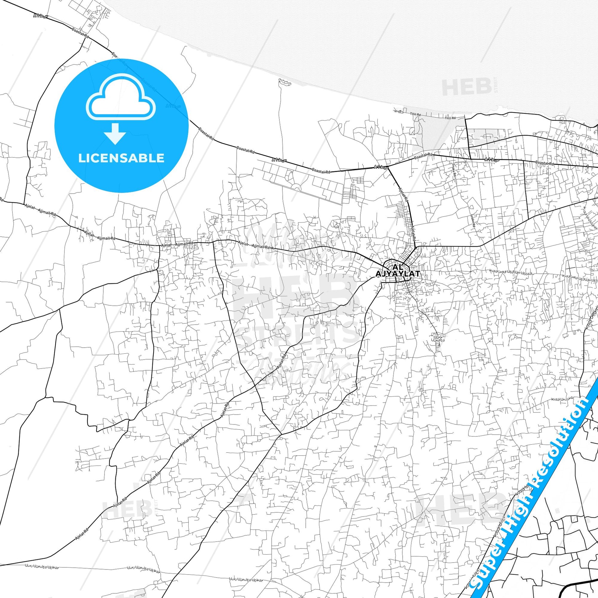 Al Ajaylat, Libya light map with streetnames, citynames and districts