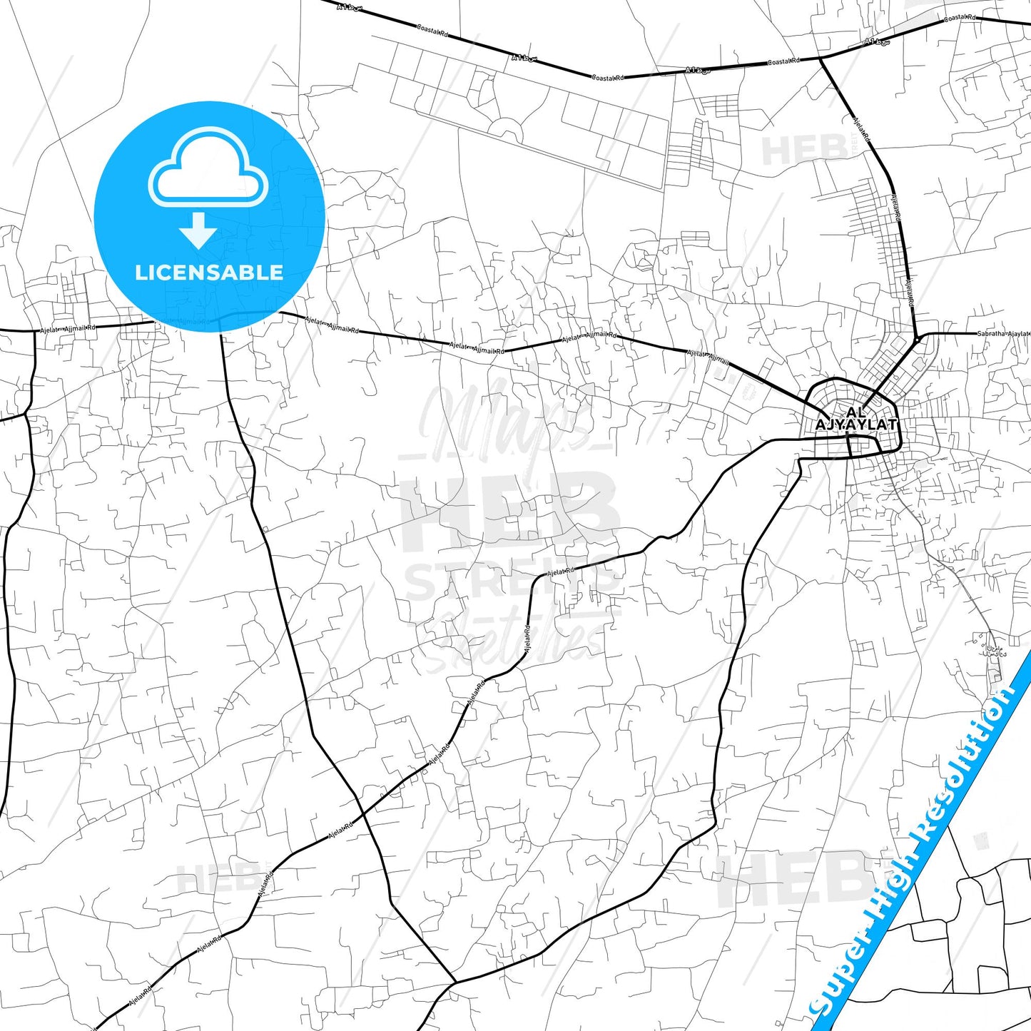 Al Ajaylat, Libya Light Map with Street Names, City Names, and Districts