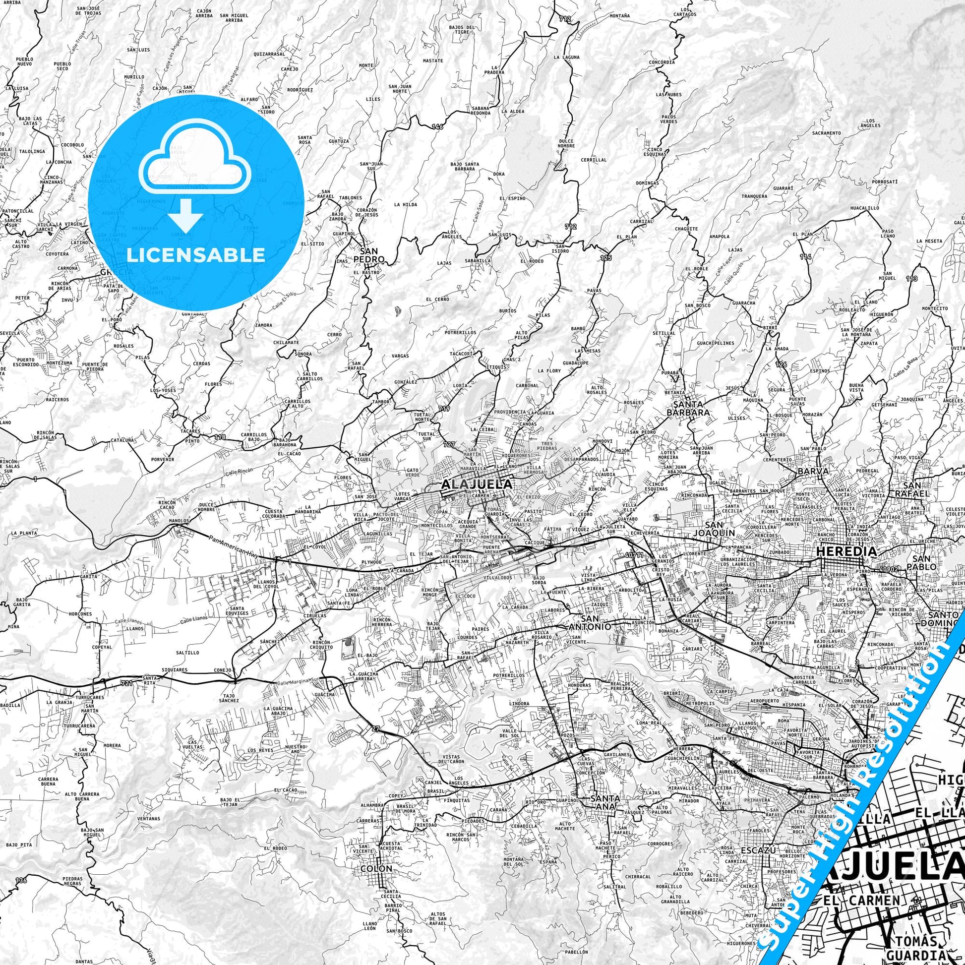 Alajuela, Costa Rica light map with streetnames, citynames and districts
