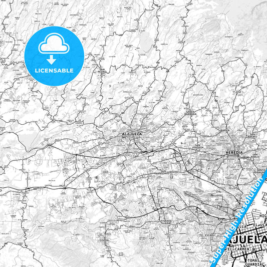 Alajuela, Costa Rica light map with streetnames, citynames and districts