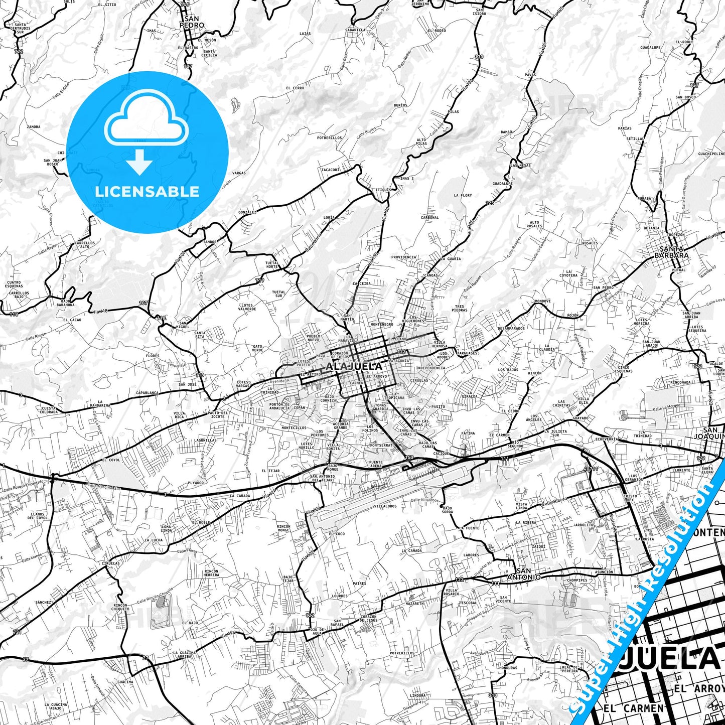 Alajuela, Costa Rica Light Map with Street Names, City Names, and Districts