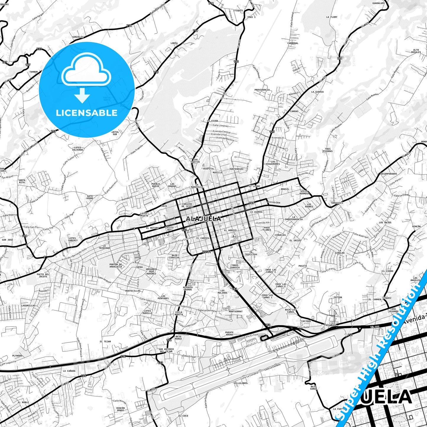 Alajuela, Costa Rica Light Map with Street Names, City Names, and Districts