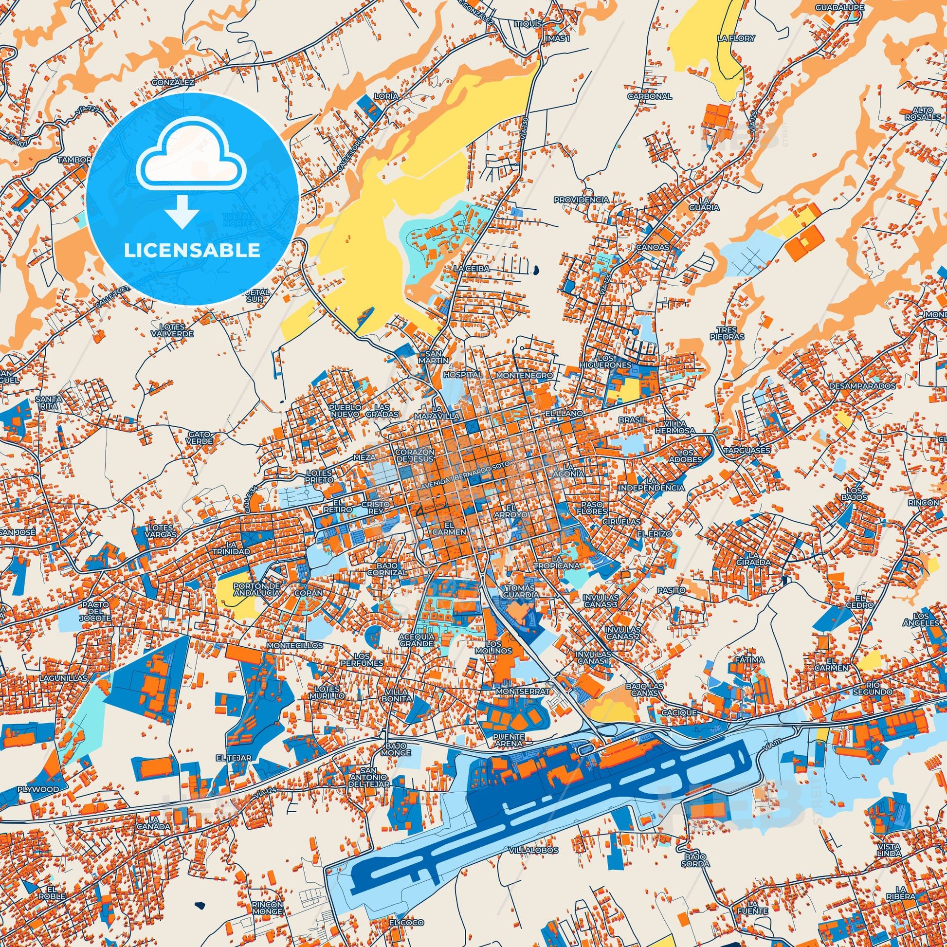 Colorful Alajuela Street Map with Labels and Buildings