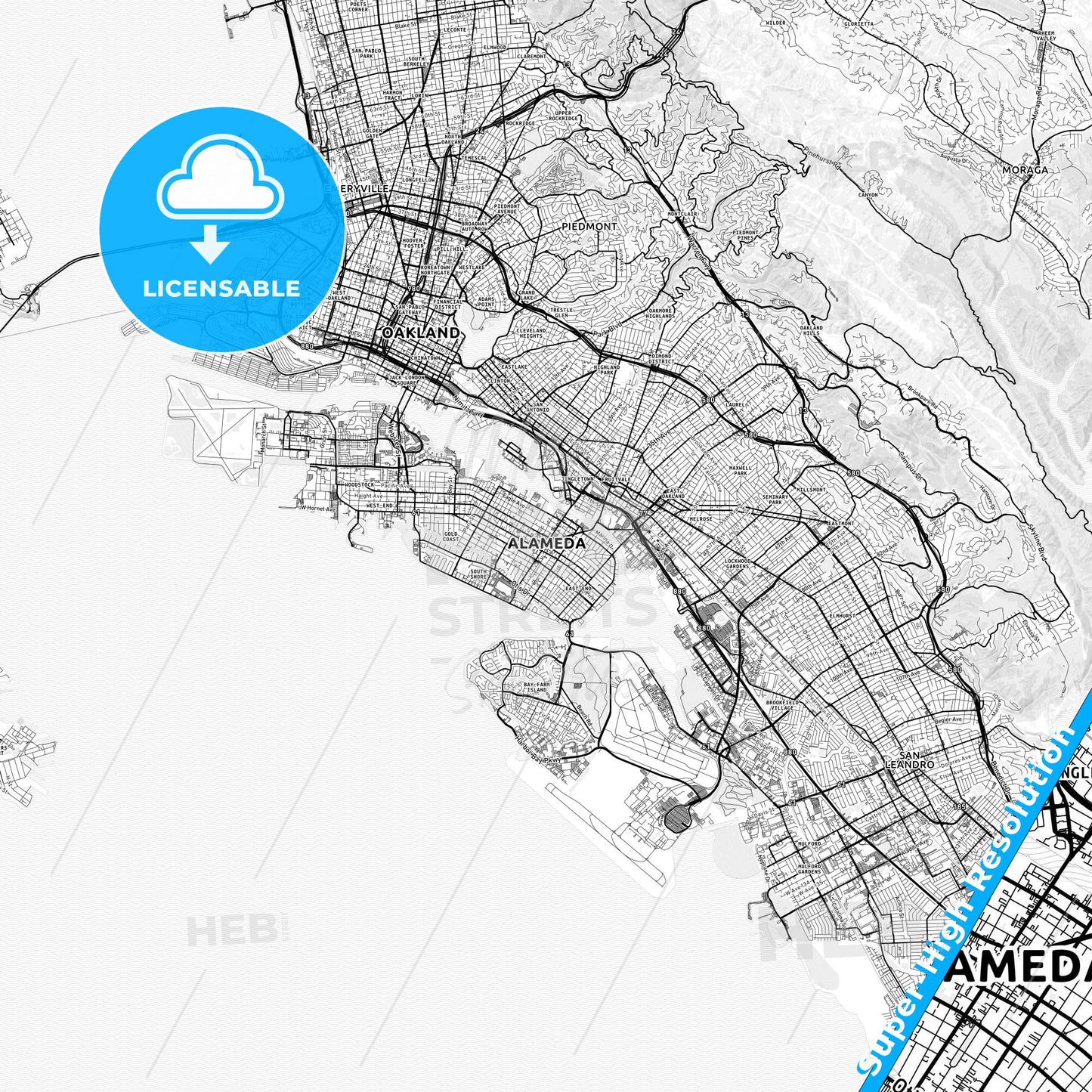 Alameda, California light map with streetnames, citynames and districts