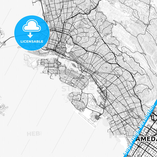 Alameda, California light map with streetnames, citynames and districts