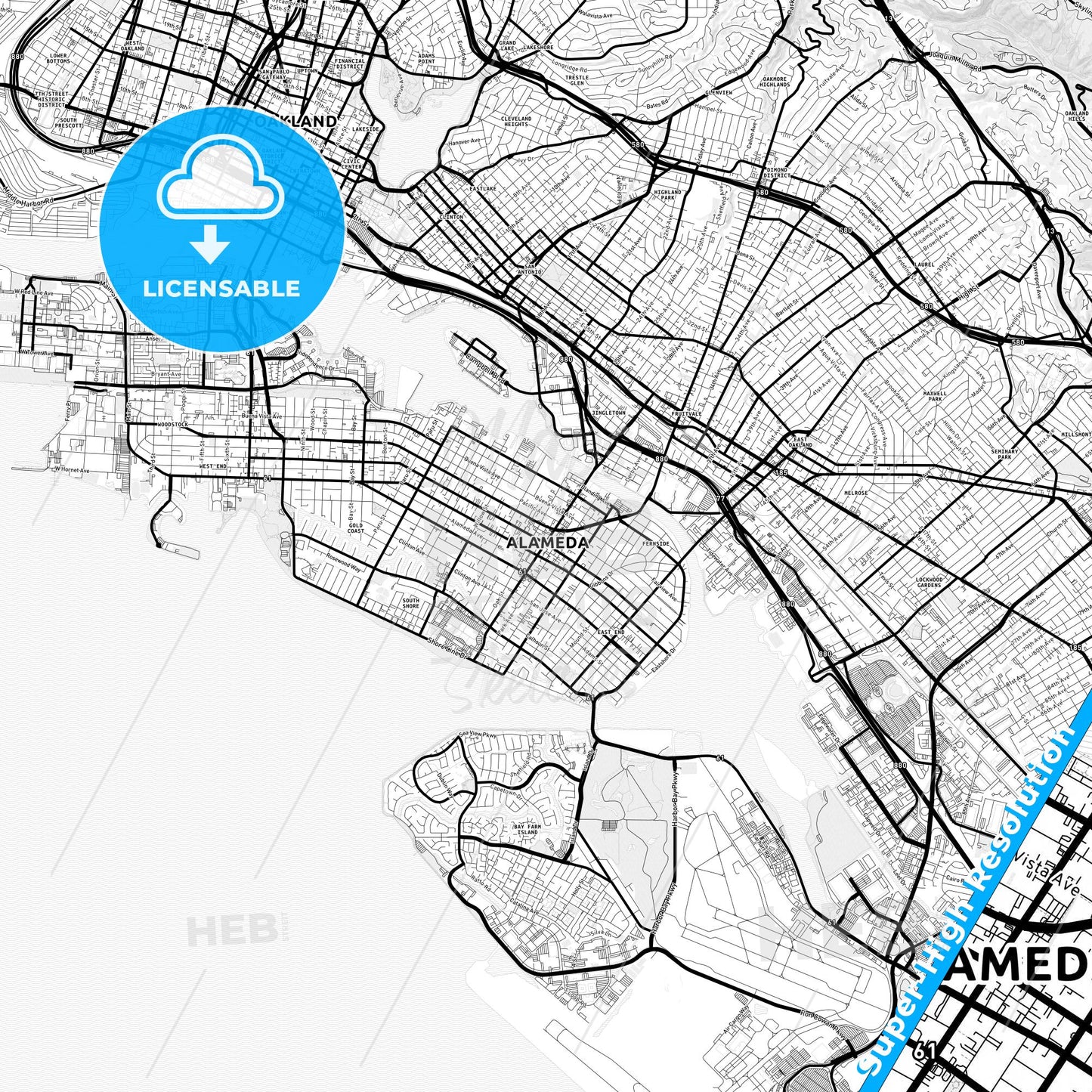Alameda, California Light Map with Street Names, City Names, and Districts