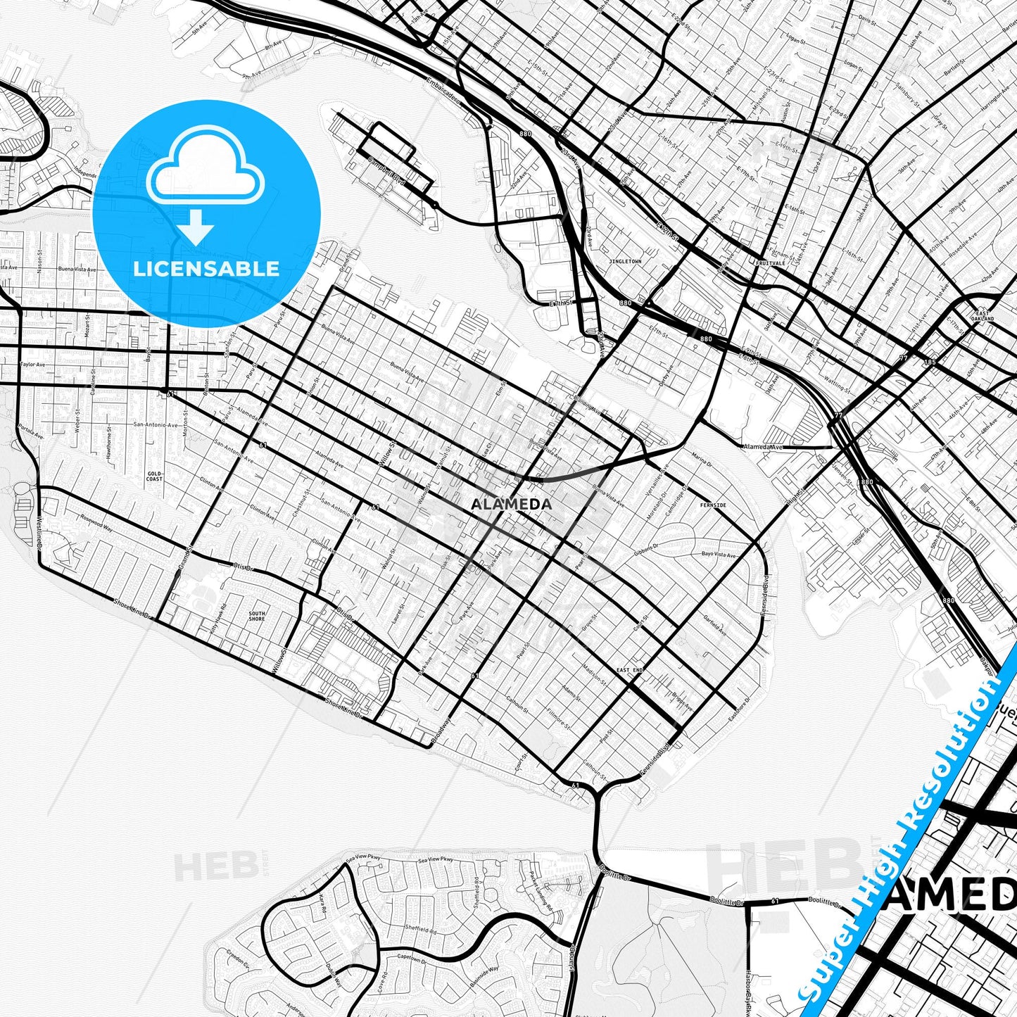 Alameda, California Light Map with Street Names, City Names, and Districts